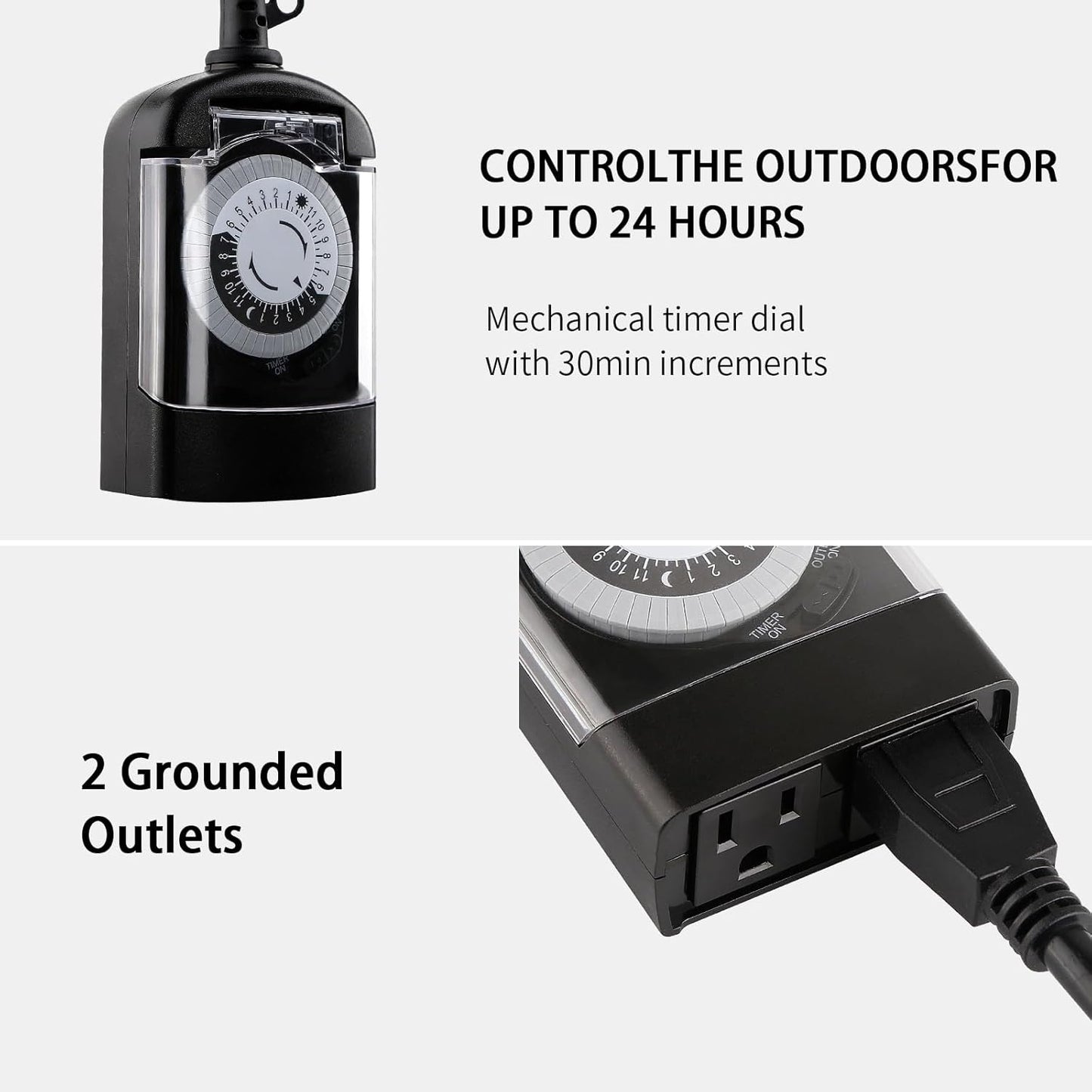 Outdoor Timer Outlet Waterproof, 24 Hour Mechanical Timer Outlet for Home and Garden, 2 Grounded, 15A 3/4HP, Black, 2 Pack