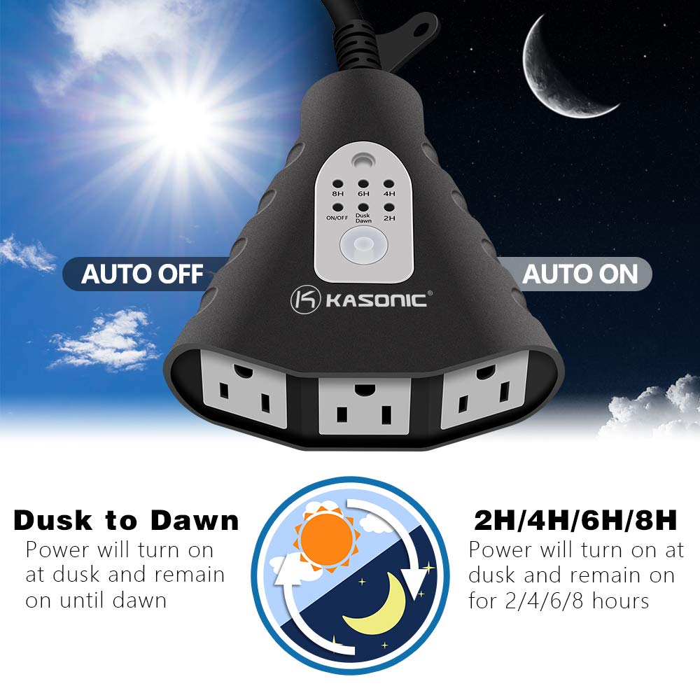 K KASONIC - Outdoor Light Timer, Waterproof Plug in Sensor Outlet Timer Switch, 100 ft Range Remote Control with 3 Grounded Electrical Outlets for Home and Garden, ELT Listed