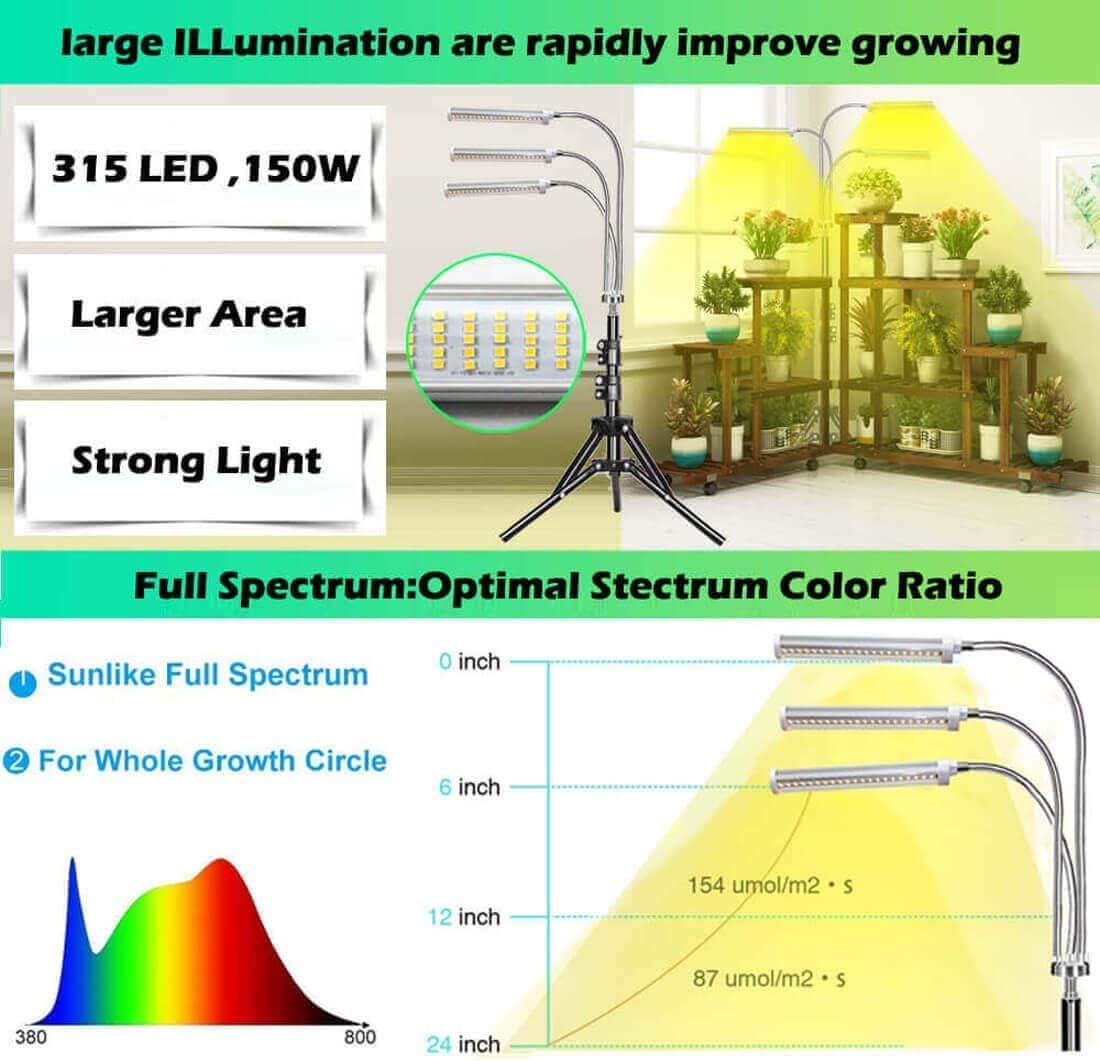 YUHAN Grow Light with Stand, LED Grow Lamp for Indoor Plants, Tri-Head Sunlike Full Spectrum 150W 315 LEDs, Tripod Stand Adjustable 15-47 inch 3 Modes Timer for Indoor Plant Growth