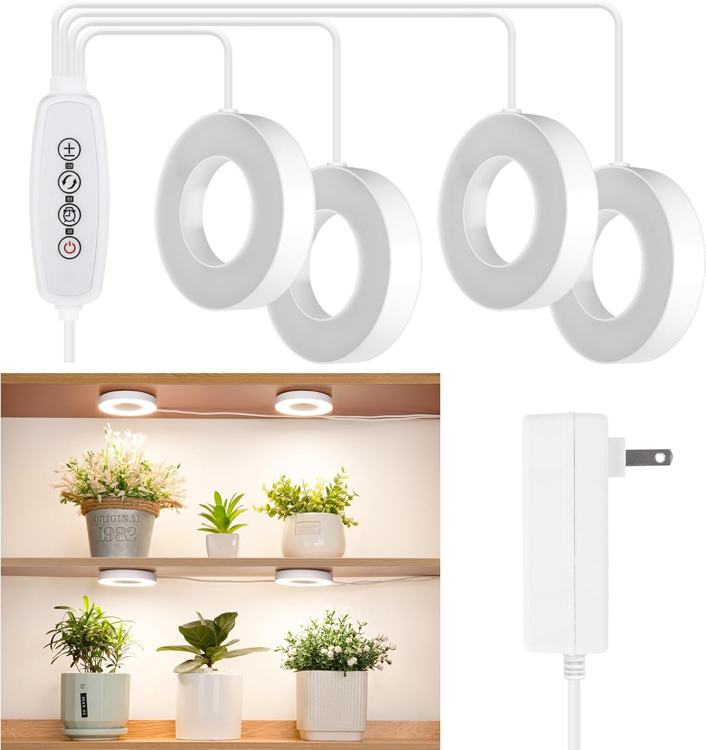 LORDEM Grow Light for Indoor Plants, 192 LEDs Ceiling Full Spectrum Plant Light, Quad Head Plant Lamp with 3/6/12H Auto Timer, 6 Brightness Levels, Individual Bulb Control, Corded