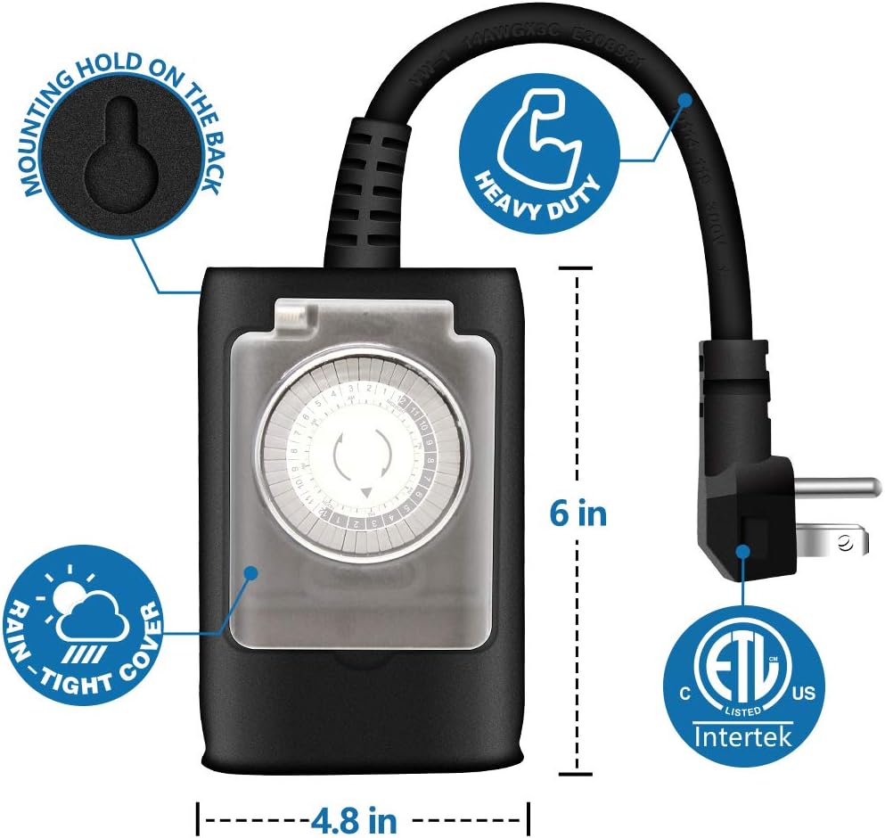 K KASONIC - Outdoor Light Timer Outlet, 24 Hour Mechanical Switch, Heavy Duty Plug in Timer Waterproof with 2 Grounded Outlet, ETL Listed (Black)