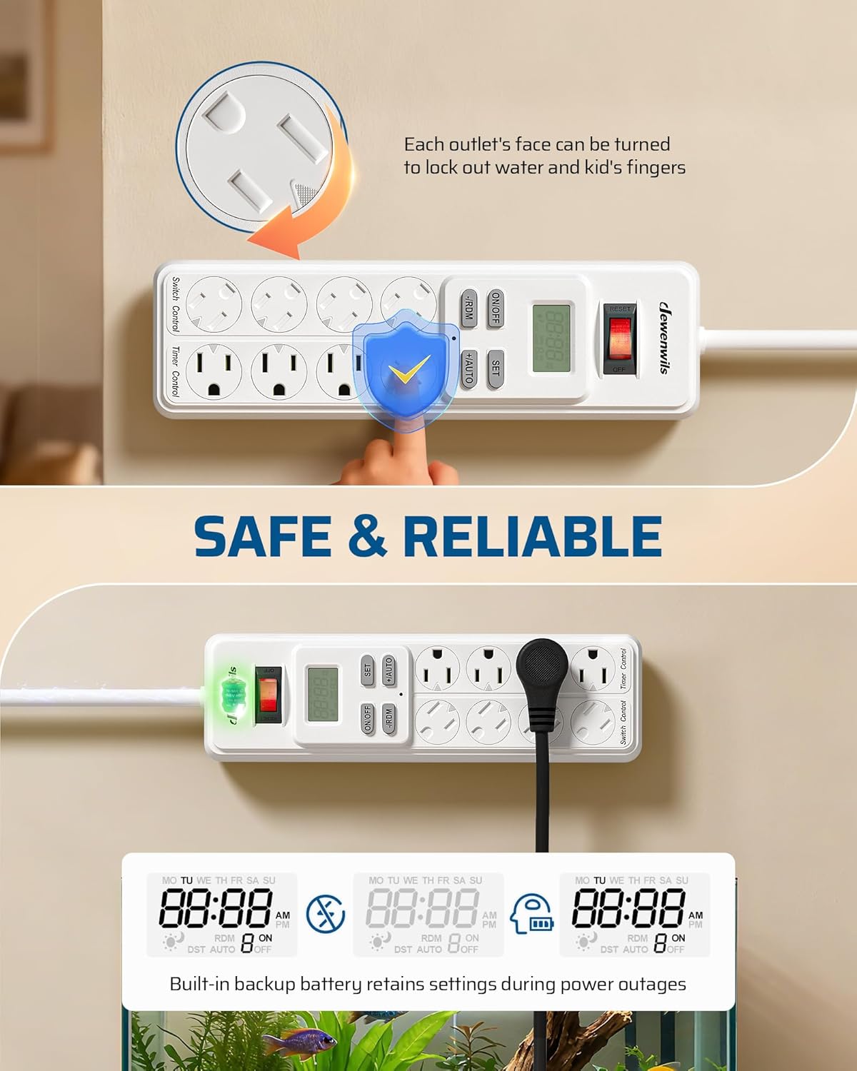 DEWENWILS 8-Outlet Power Strip with Timer (4 Timed/ 4 Always On), Digital Timer Outlet for Reptile Light, Turtle Grow Light Indoor Bearded Dragon Tank Accessory Aquarium, 6ft SJT Cord, 15A UL Listed
