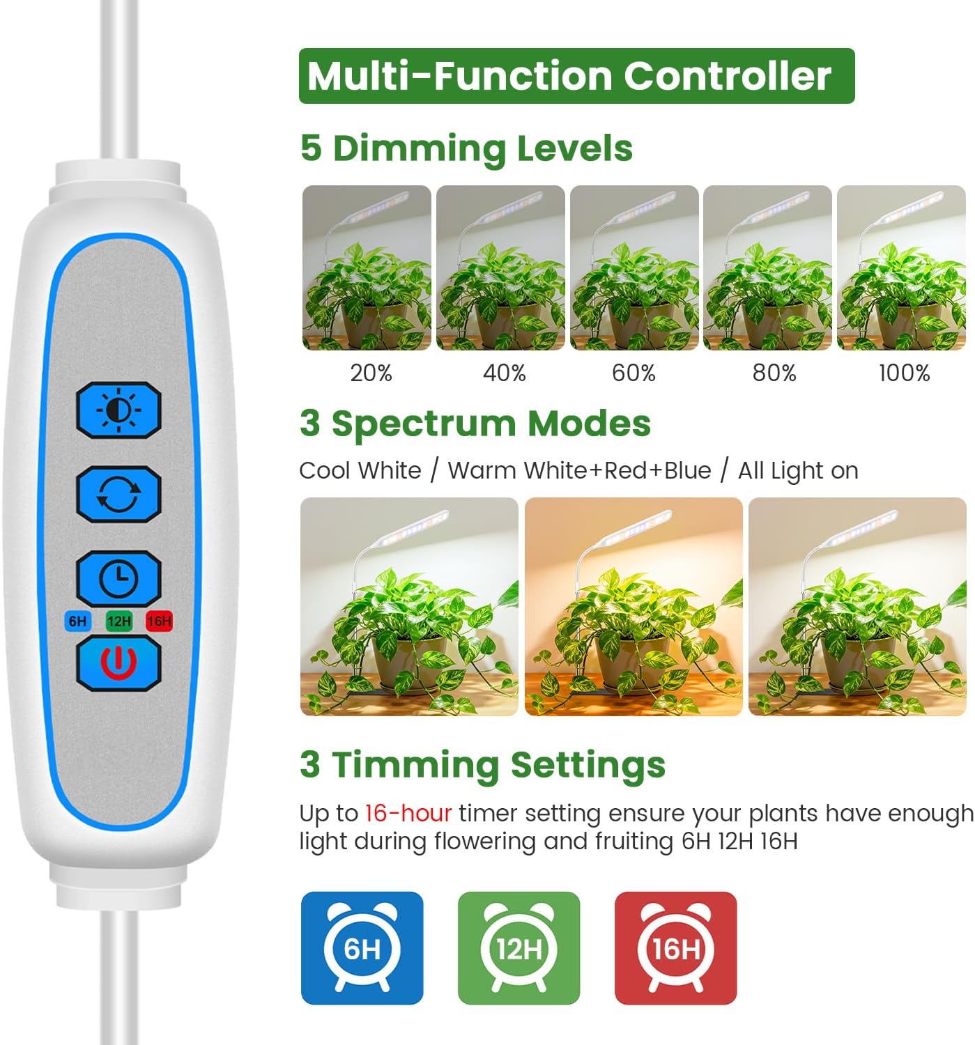 Wolezek Grow Lights for Indoor Plants, 52 LEDs Full Spectrum Plant Grow Light with Base, Height Adjustable Grow Lamp with Auto Timer 6/12/16H, 5 Dimmable Brightness, for Small Plants, White, 2-Pack