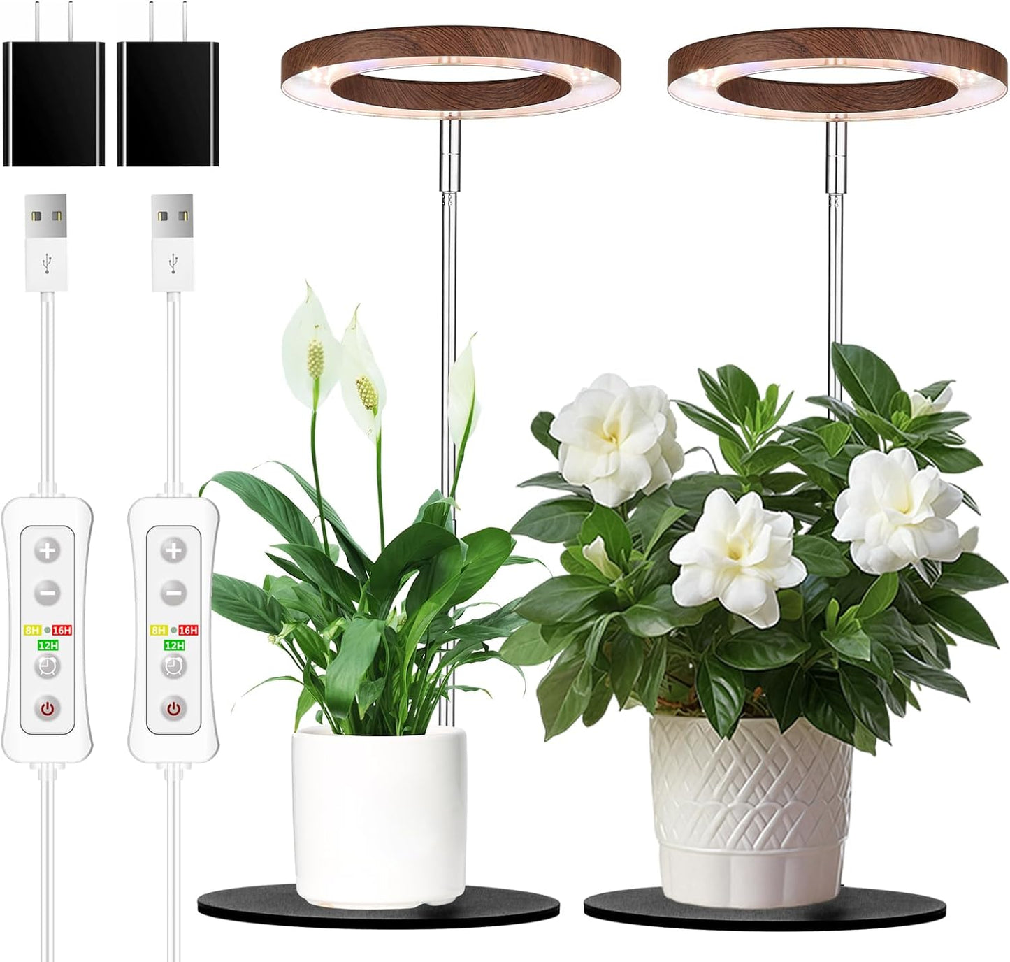 yadoker 144 LEDs Plant Grow Light for Indoor Plant,Walnut Wood Grain Aluminum LED Grow Light with Black Base, Height Adjustable,6.3" Aluminum Housing,Automatic Timer with 8/12/16 Hours,2 Pack