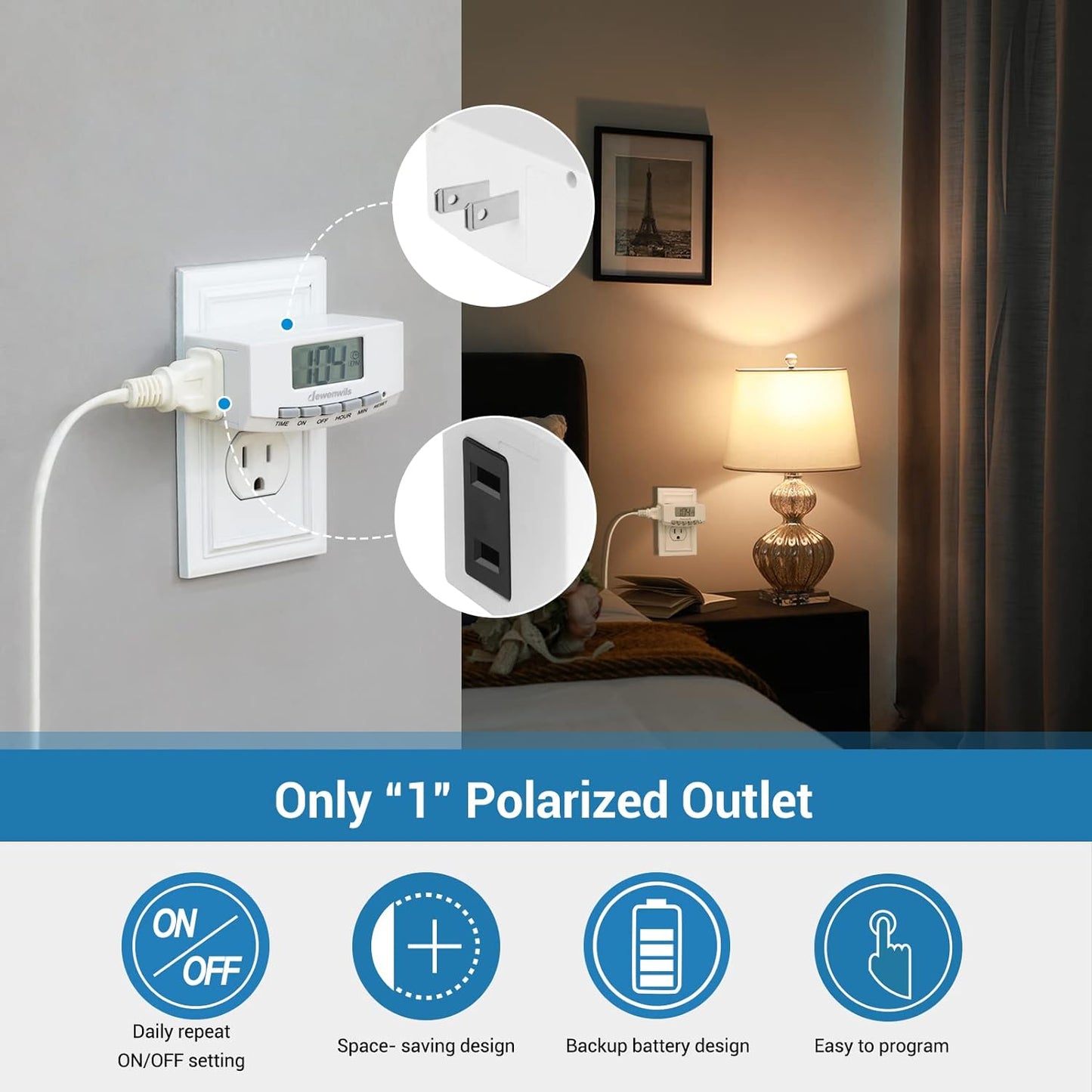 DEWENWILS Timer Outlet, 24 Hour Timers for Electrical Outlets for Christmas with 1 Polarized Plug, 125V 15A 1000W Indoor Light for Lamp Heater Fan Aquarium, 1/2 HP, 2 Pack, UL Listed