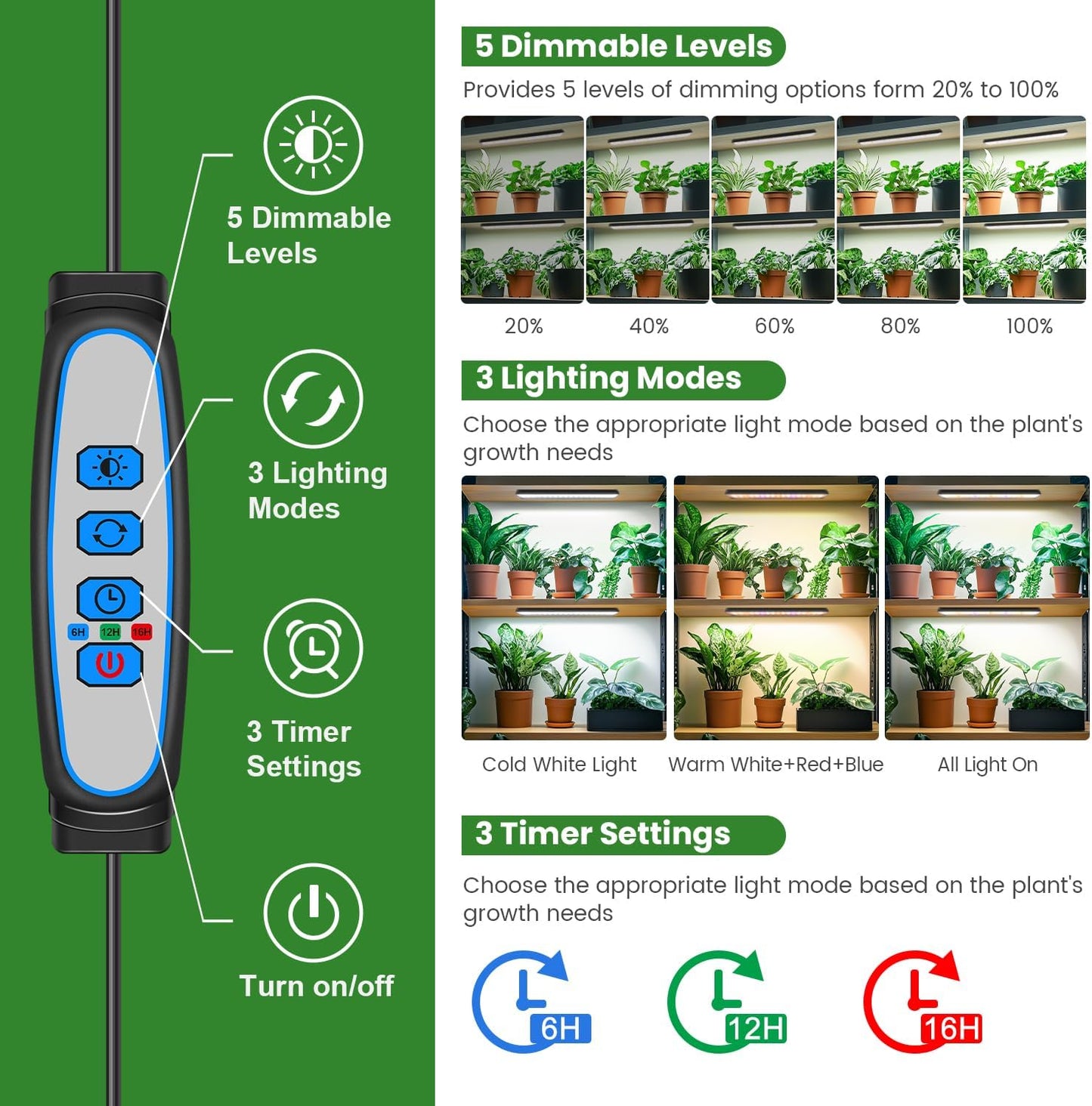 Wolezek Grow Light Strips for Indoor Plants, 420 LEDs Full Spectrum Plant Light for Indoor Growing with 6/12/16H Auto Timer, Grow Lamp Bar for Seedling Succulent, 13.8 Inches, 4 Pack