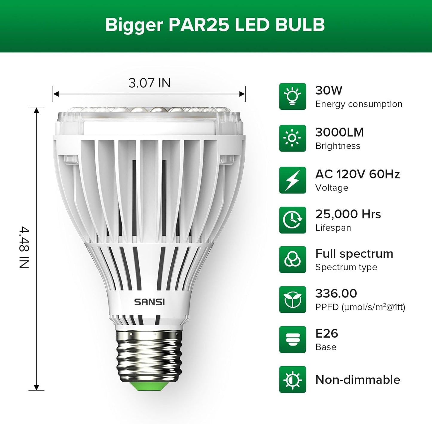 SANSI 300W Equivalent LED Grow Light Bulb, PAR25 30W 5000K+660nm Full Spectrum Grow Bulb for Indoor Plants, 25,000 Hours Lifespan Plant Lights with E26 Base