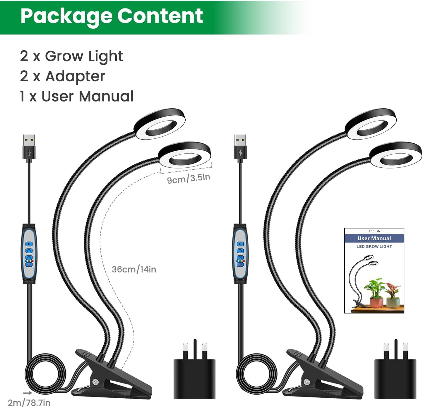 Plant Lights for Indoor Growing,2 in 1 Halo Grow Light with Clip,192 LED Full Spectrum Clip On Plant Grow Lights with 360°gooseneck,3 Spectrum Modes, 6/12/16Hrs Auto Time&5 Brightness 2 Pack