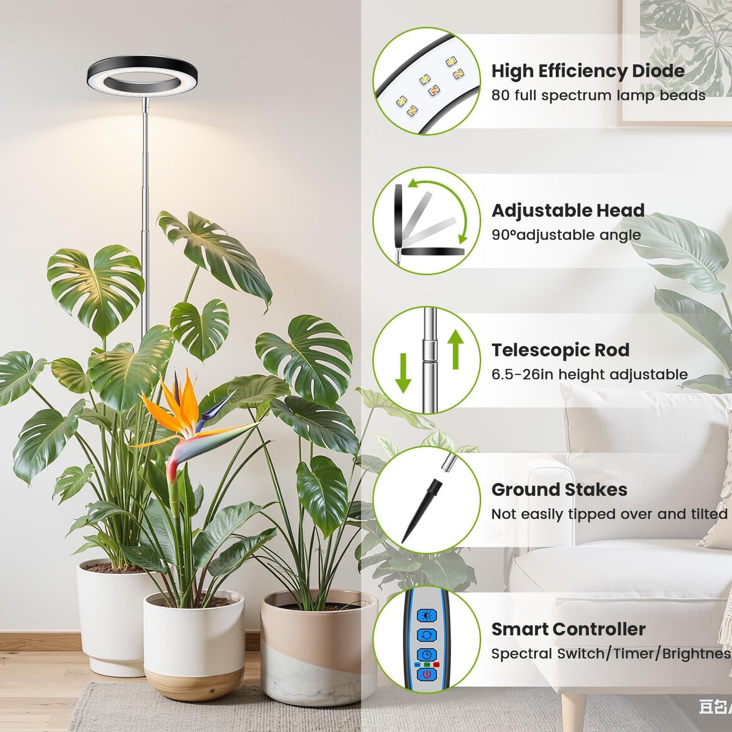 Kullsinss Black Grow Lights for Indoor Plants, Full Spectrum LED Plant Grow Light with 6/12/16H Timer, 3 Color Modes, 5 Brightness, 10"-65" Height Adjustable Growing Lamp for Indoor Plants (2 Pack)
