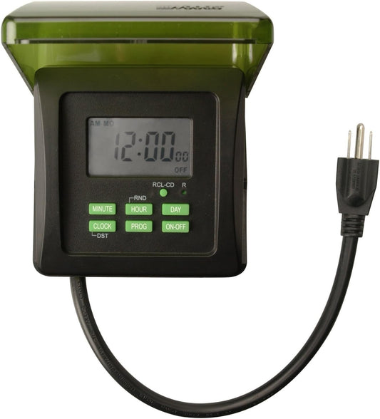 Southwire Woods Outdoor Heavy Duty Digital Plug-In Timer - 7-Day Programmable Timekeeper - Dual Grounded Outlets - Weatherproof Energy-Saving - Ideal for Holiday Lights & Outdoor Equipment