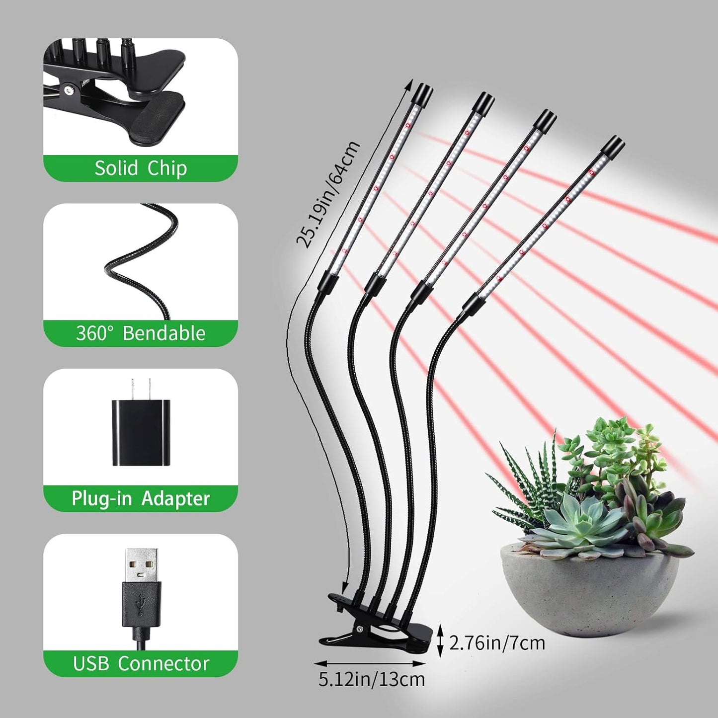 RWNTAO Grow Lights for Indoor Plants,168 LEDs Clip Plant Lights, Full Spectrum LED Plant Growing Lamps with Flexible Gooseneck, 3/9/12H Timer, 3 Spectral Modes, 10 Dimmable Levels, 4 Head