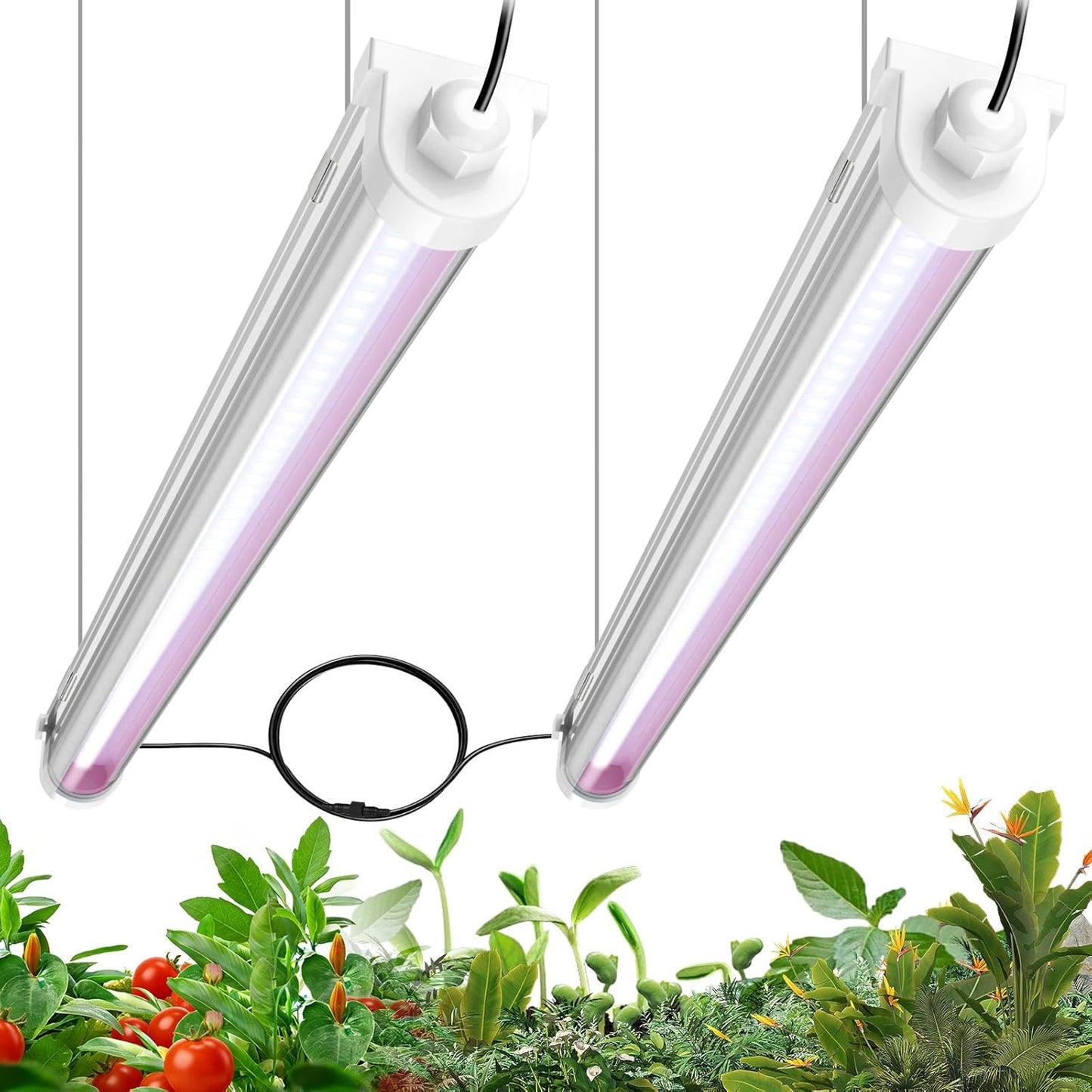 JESLED Waterproof Plant Grow Lights, 2FT Full Spectrum Grow Light for Seedling, Flowering & Fruiting, 48W (2 x 24W, 300W Equiv), Linkable Grow Light Strip, Plug and Play, Pinkish White, 2-Pack