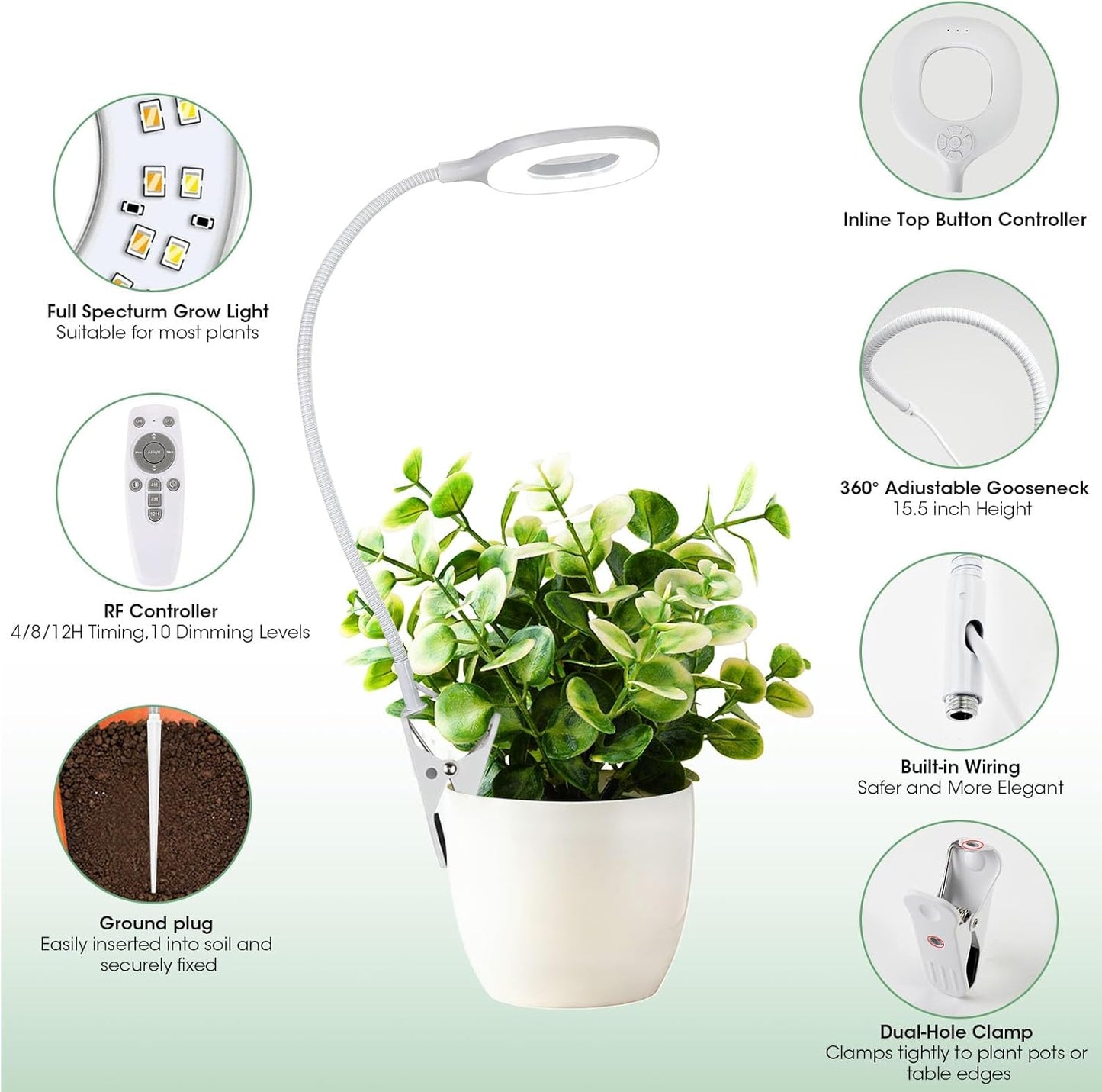 Full Spectrum Grow Lights for Indoor Plants, Clip-on LED Plant Lights for Indoor Growing with Auto On/Off Timing 4/8/12 Hrs, 10 Dimmable Levels, 3 Spectrum Modes & Adjustable Gooseneck (1)