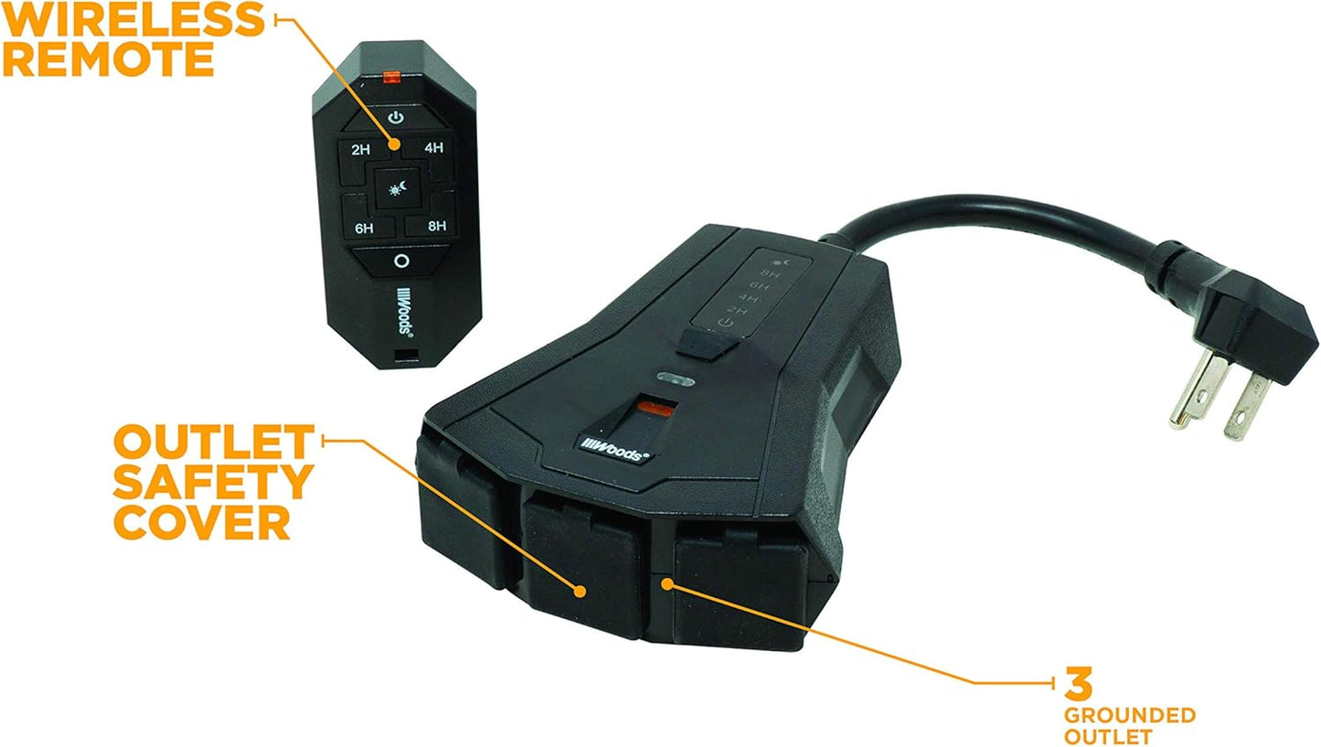 Southwire Woods Outdoor Lighting Timer with Remote Control Countdown - 3 Grounded Outlets - Convenient Lighting Controller - Weatherproof Remote Outlet - Black