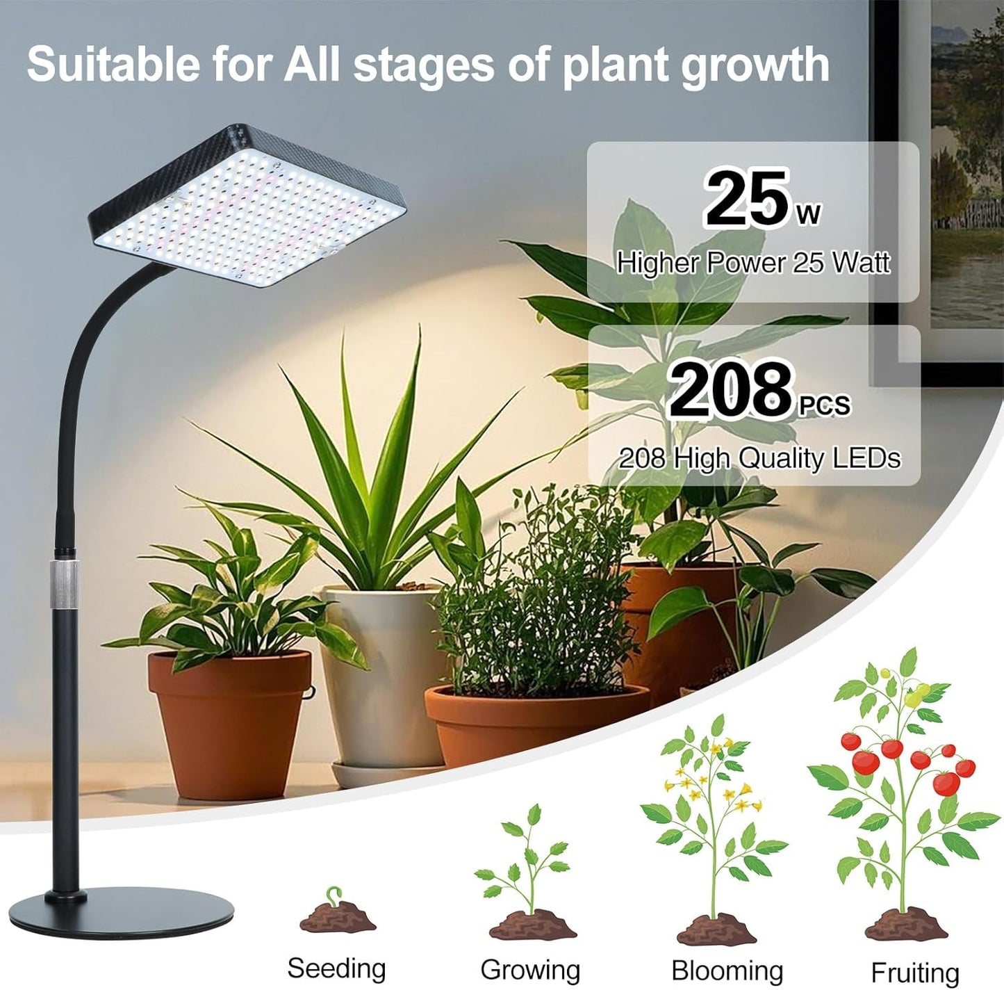 Tabletop Grow Lights for Indoor Plants 25 Watt, Bright Natural Sunlight Full Spectrum Plant Growing Lamps for Houseplants & Bonsai, 4/8/12/16/20H Timer Plant Light Auto On/Off Everyday