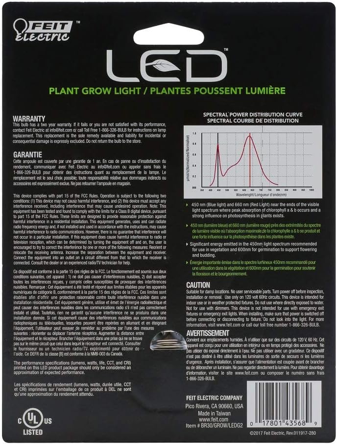 Feit Electric - BR30/GROW/LEDG2 Full Spectrum LED 65W Equivalent BR30 Non-Dimmable Hydro Grow Light Bulb