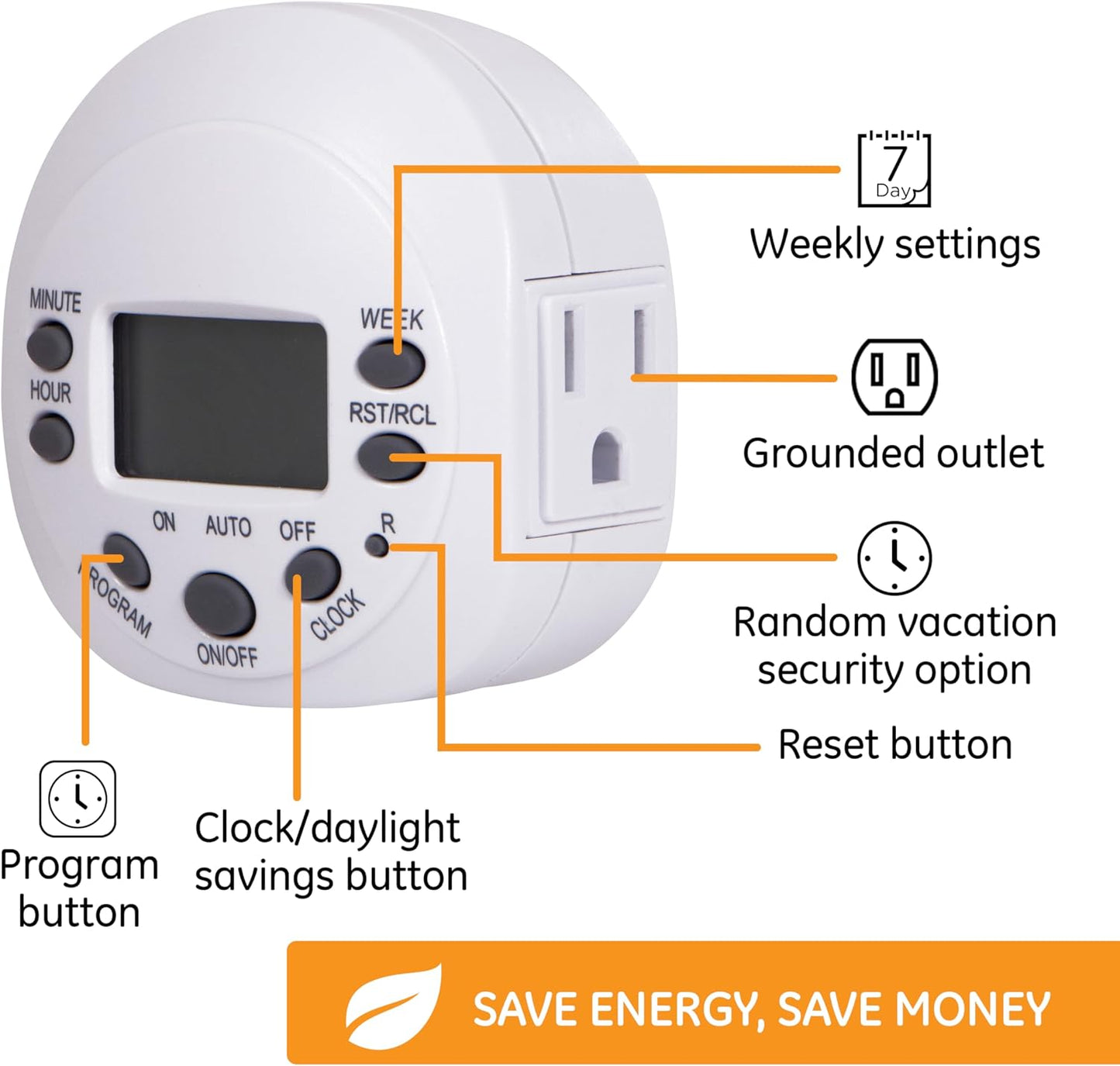 GE 7-Day Programmable Indoor Digital Timer, 1 Grounded Outlet, Weekly / 7 Day Cycle Plug for Electrical Outlets, 125 VAC Light, Plug, Lamp, White, 1 Pack, 15150