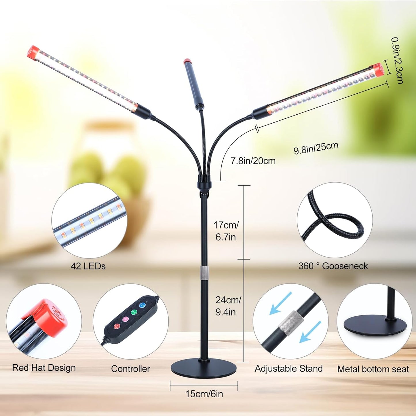FECiDA 2026 3Head Table Top Grow Lights for Seed Starting, Indoor Plants, Bonsai, 27 Watt Power Draw, NO Need Adapter, 4/8/12/16/20H Timer, 16"-24" Height Adjustable