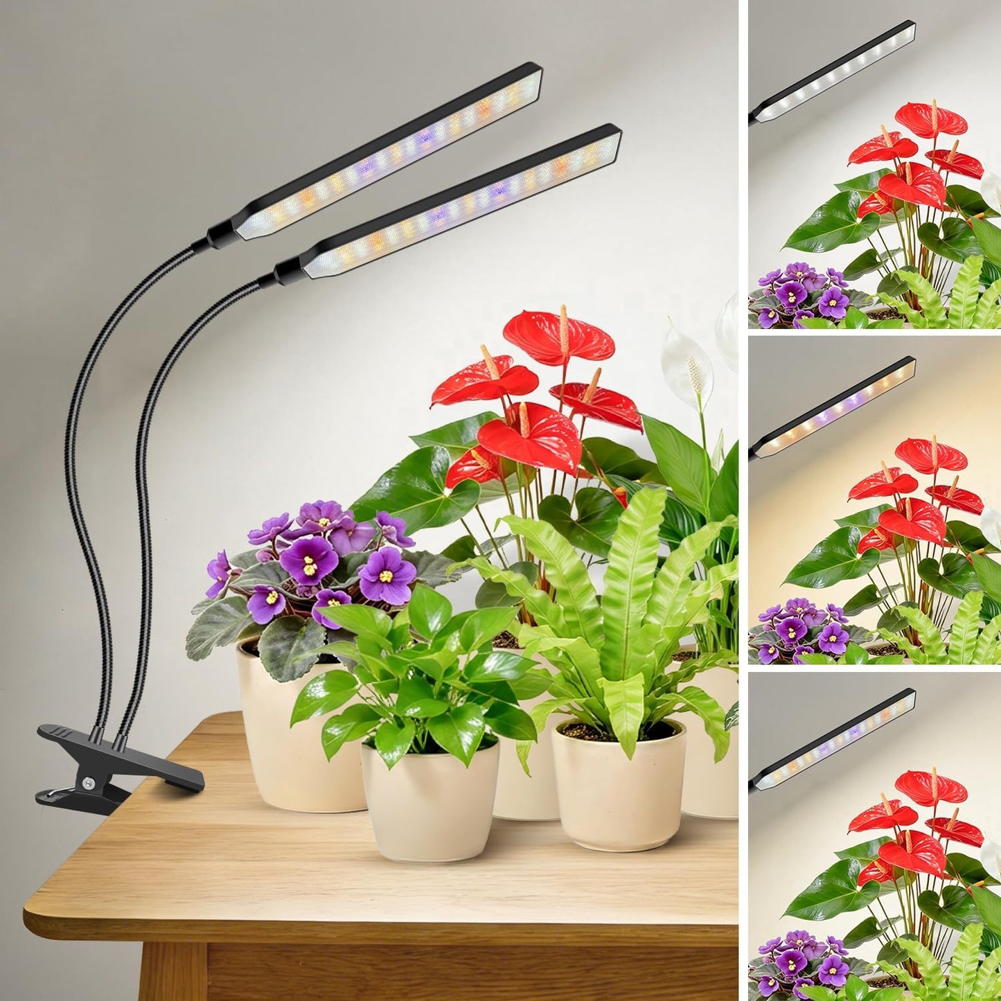 Kullinss Black Grow Light, 2-Head Plant Lights for Indoor Growing with 6/12/16H Timer, 3 Color Modes, 5 Dimmable Levels, 114 LEDs Full Spectrum Clamp Grow Lamp for Indoor Plants, Herbs, Seedlings