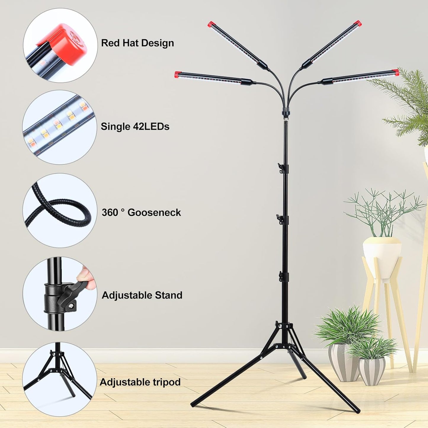 4Head Grow Light with Stand, Grow Lights for Indoor Tall Plants, Bonsai Tree, 4/8/12/16/20H Timer, 36 Watt Power Draw, NO Need Adapter, Bright and Big Coverage, Best Gift for Plants Lover