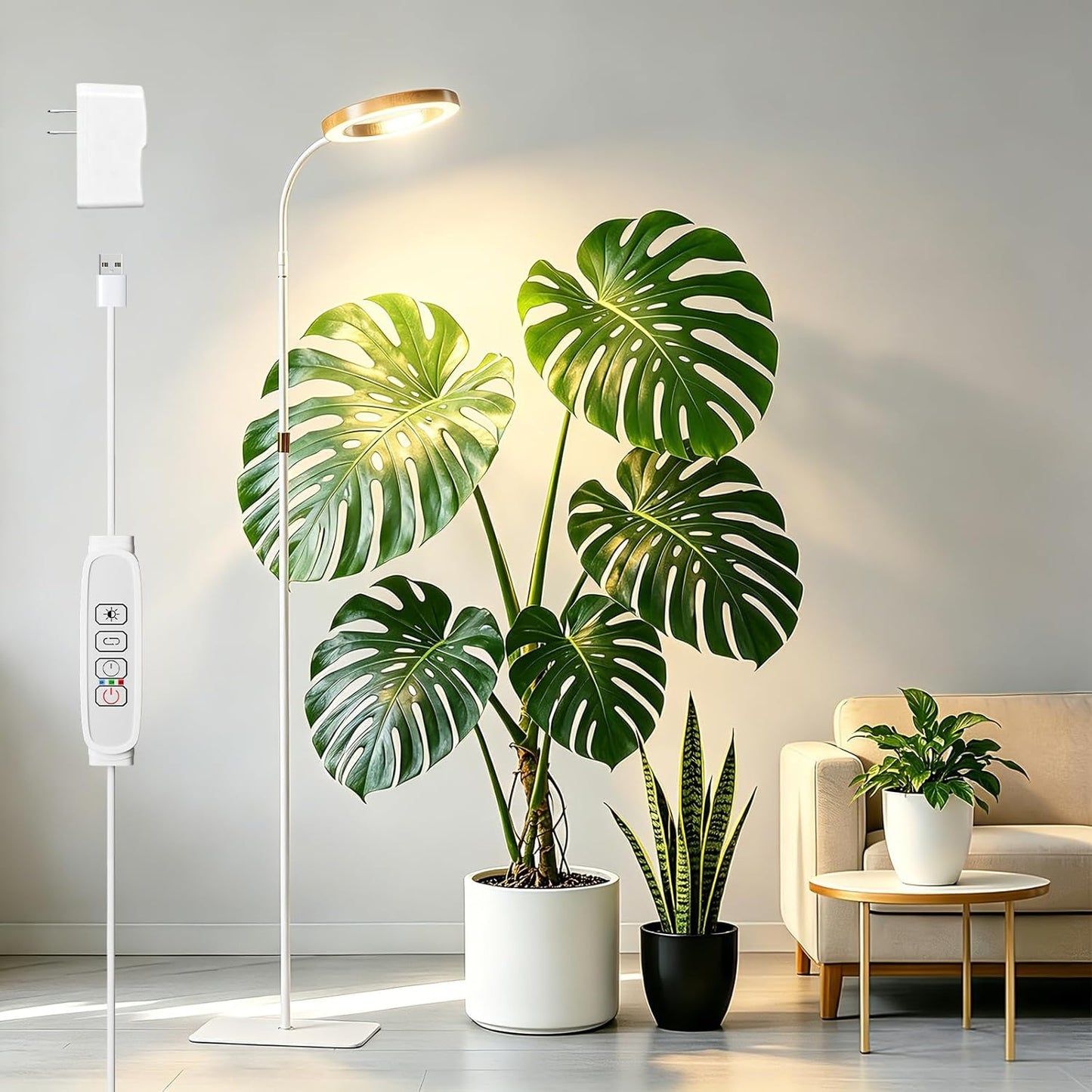 SDOVUERC Full Spectrum Grow Light with Stand for Indoor Plants, Floor Plant Light, 6/12/18H Timer, 3 Color Modes, Adjustable Height 16.5–68in, for Large Plants & Home Décor(1 Head,Faux Wood Grain)