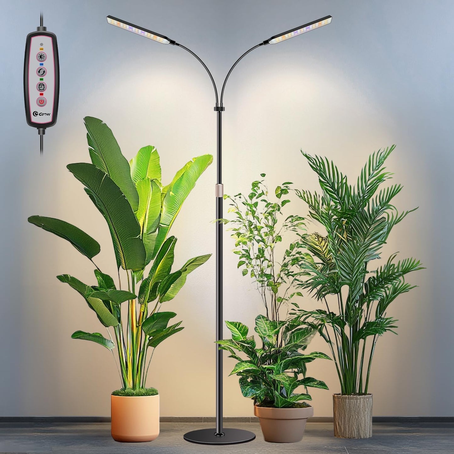 Kullsinss Black Floor Grow Lights for Indoor Plants, 2-Heads Full Spectrum LED Plant Grow Light with 4/8/12/16H Timer, 3 Color Modes, 24-68.7in Hight Adjustable Grow Lamp for Tall Large Indoor Plants