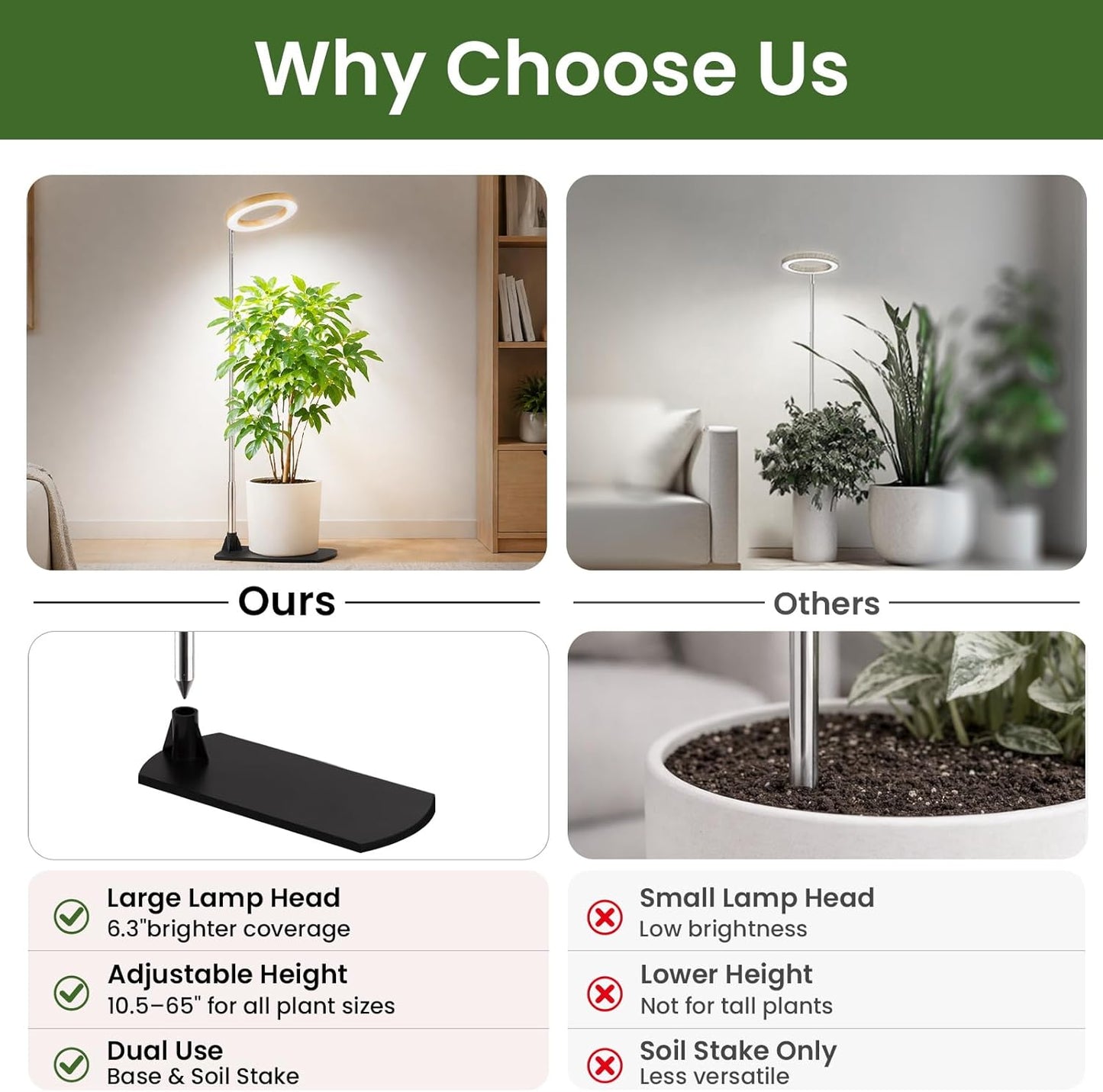LBW Grow Lights for Indoor Plants, 6.3" Full Spectrum Plant Light with Base, 65" Height Adjustable Grow Lamp, 6/8/12/16H Auto Timer, 3 Colors, 5 Dimmable Levels, for Tall Large Plants, Bamboo Grain