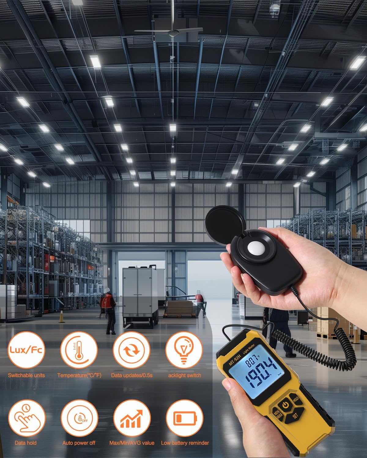 MT-92H Light Meter with Split Sensor Lux/Foot Candles Meter 500ms Refresh Rates Range up to 200,000 Lux Switchable Backlight Temperature Measurer 14℉-140℉