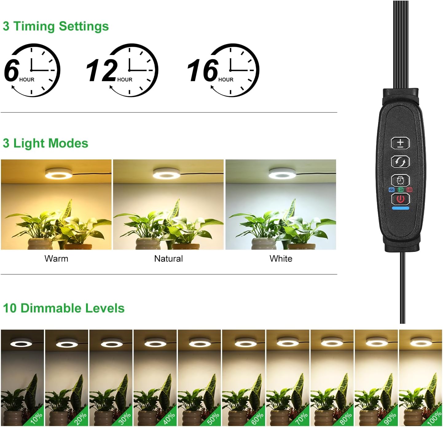3 Head White Halo Angel Ring Ceiling LED Plant Growth Lights for Shelf, 3000K+6000K Full Spectrum Grow Lamps for Plant Growth Indoor Plants with 6/12/16H Timer, 3 Spectral Modes, 10 Dimmable Levels