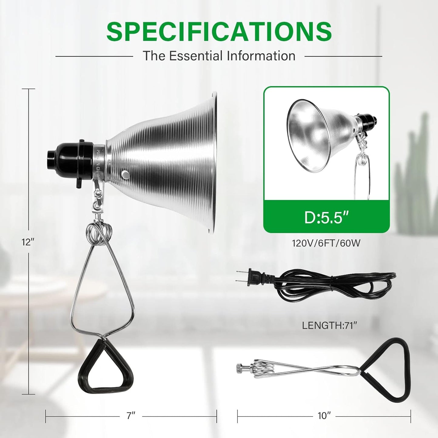 Simple Deluxe Clamp Lamp Light Socket with 5.5 Inch Aluminum Reflector, Suit for Max 60 Watt Lamp (No Bulb Included) with 18/2-Gauge 6 Feet Cord, 1-Pack