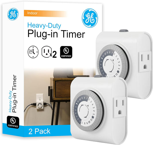 GE 24‑Hour Mechanical Outlet Timer Switch, Dual Grounded Plug‑in Control for Indoor Lighting, Lamps, Christmas Trees, Fans and Small Appliances (2 Pack), 46211