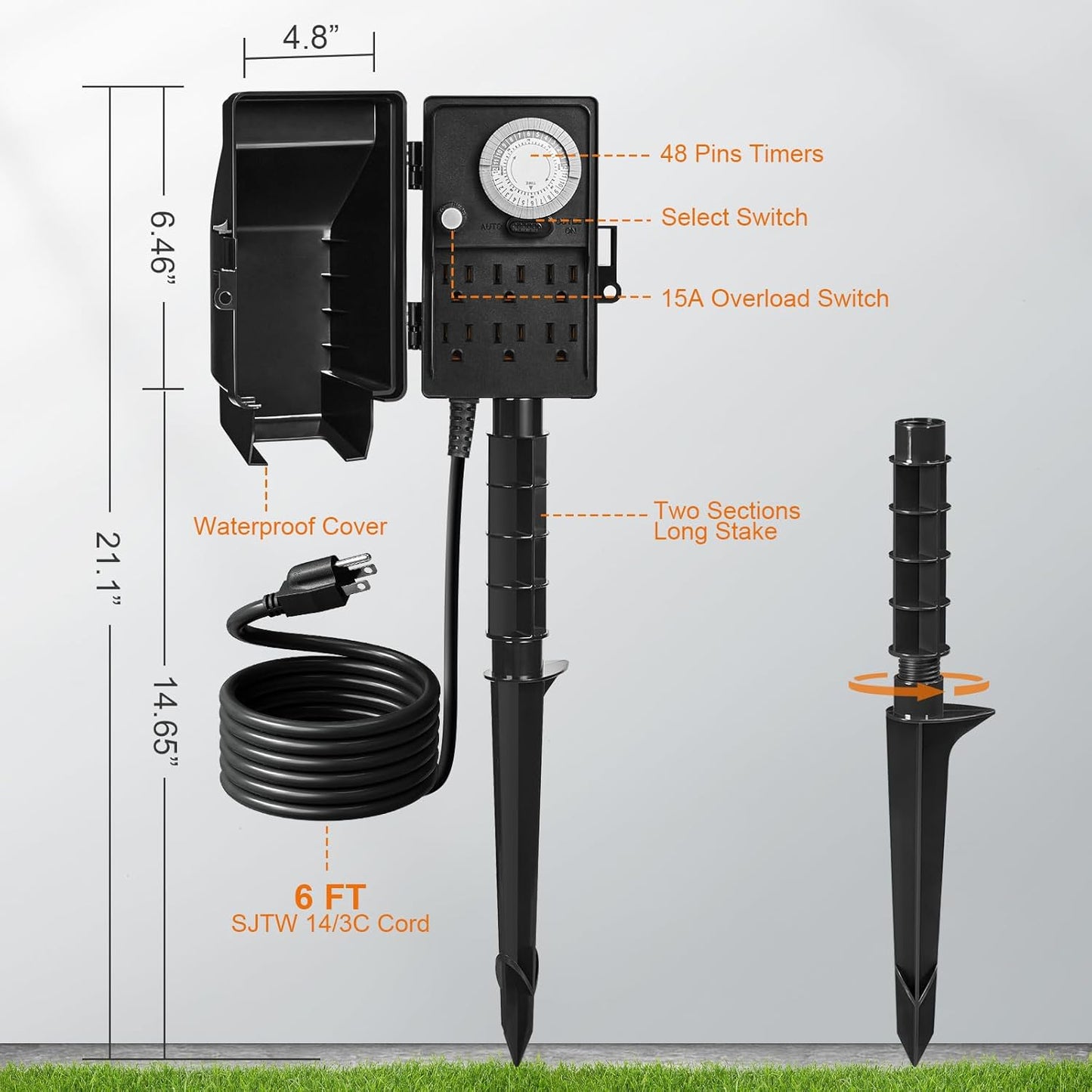 SURAIELEC Outdoor Power Stake, 24-Hour Mechanical Light Timer, Electrical Power Strip Weatherproof, 6FT Extension Cord Multiple Outlets Plug for Patio Lights, Halloween Decorations. Outdoor Light