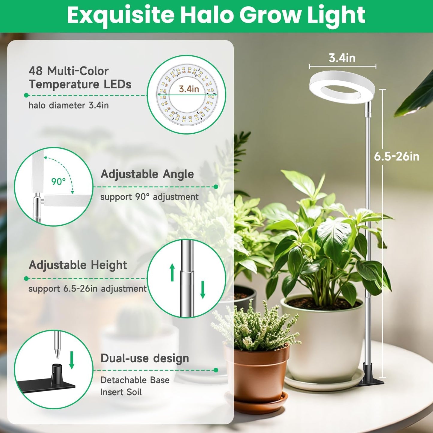 Aokrean Grow Light, Full Spectrum Plant Lights for Indoor Growing with with 3/9/12H Timer, 3 Color Modes, 10 Brightness, 6.5"-26" Height Adjustable Halo Grow Light with Base, 3 Pack(3.4in)
