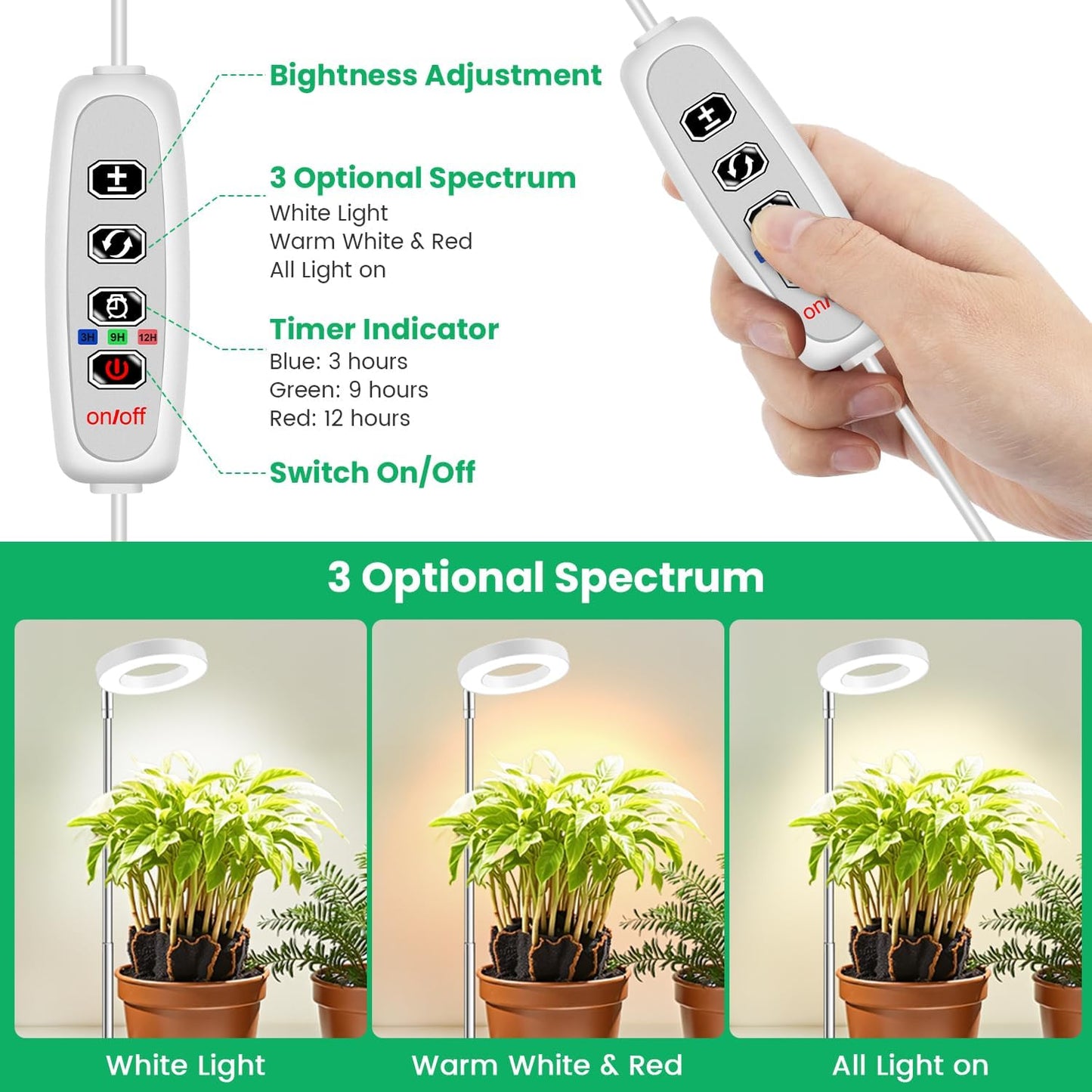 Aokrean Grow Light, Full Spectrum Plant Lights for Indoor Growing with with 3/9/12H Timer, 3 Color Modes, 10 Brightness, 6.5"-26" Height Adjustable Halo Grow Light with Base, 3 Pack(3.4in)