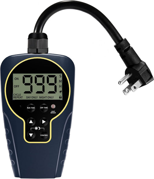 Techbee 1 s to 999 h Short/Long On-Off Interval Repeat Cycle Timer Plug Outlet with Countdown and Light Sensor, Waterproof for Outdoor (15A 1HP)