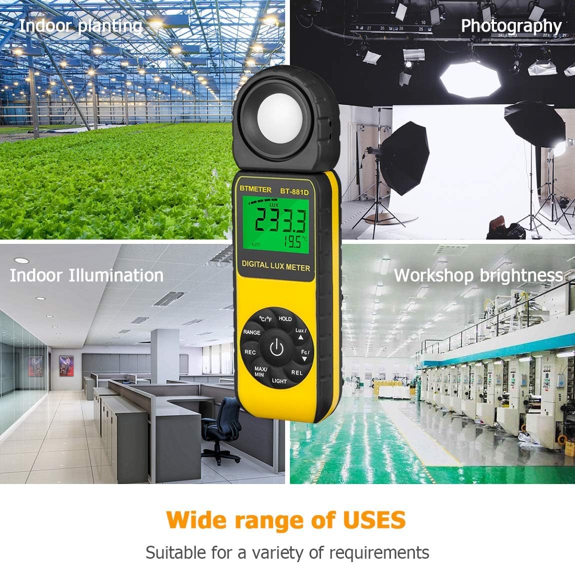 BTMETER BT-881D Digital Illuminance Light Meter, Measure Lights 0.01~400,000 Lux (0.01~40,000 FC) Foot Candles Luxmeter with 270º Rotated Sensor for Plants LED Lights Indoor Outdoor Light Tester