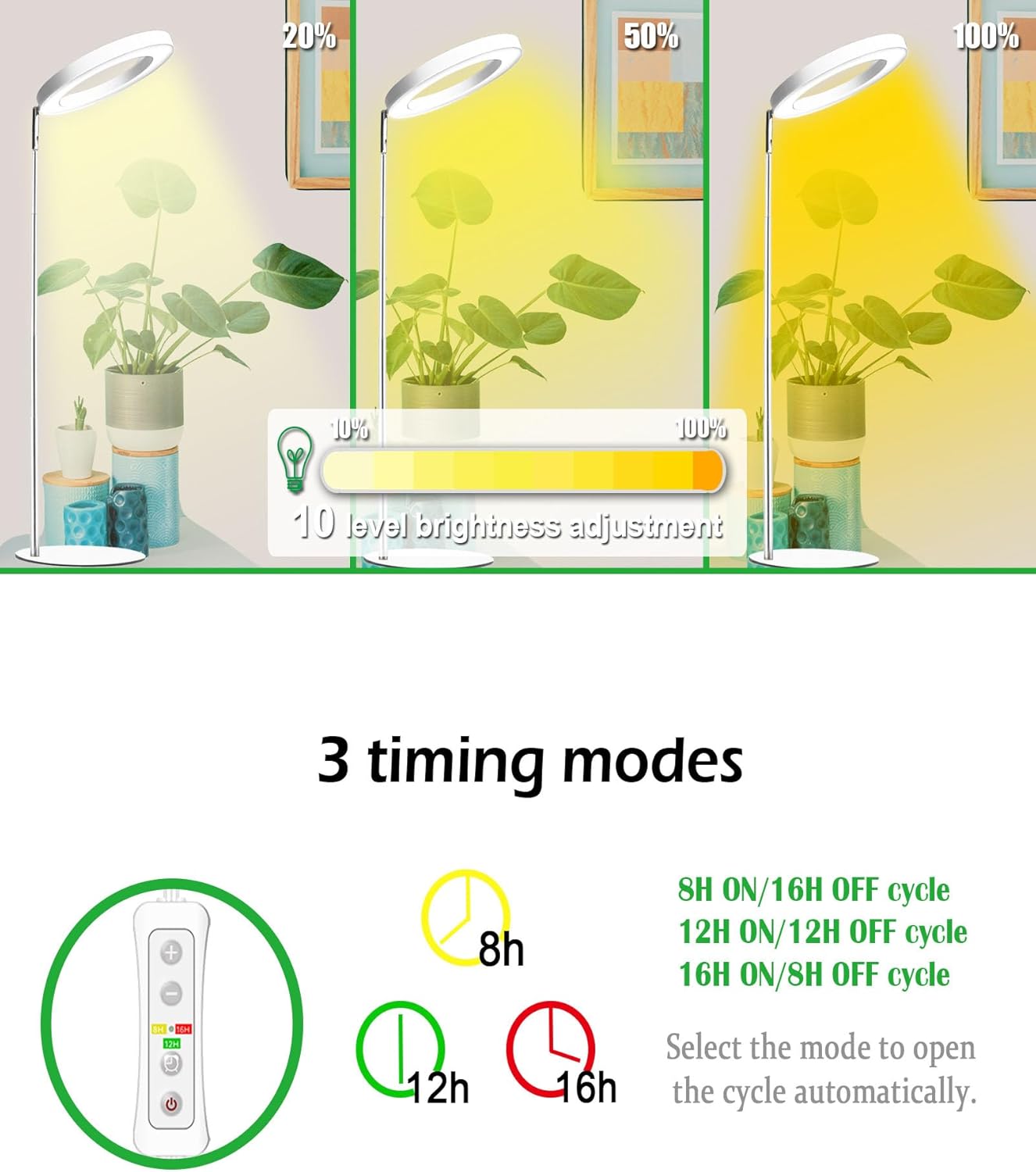yadoker 72 LEDs Full Spectrum Plant Grow Light with Base for Indoor Plants，Height Adjustable, 6.3" Aluminum Housing,Automatic Timer with 8/12/16 Hours,10-Level Brightness,White Plant Light,1Pack