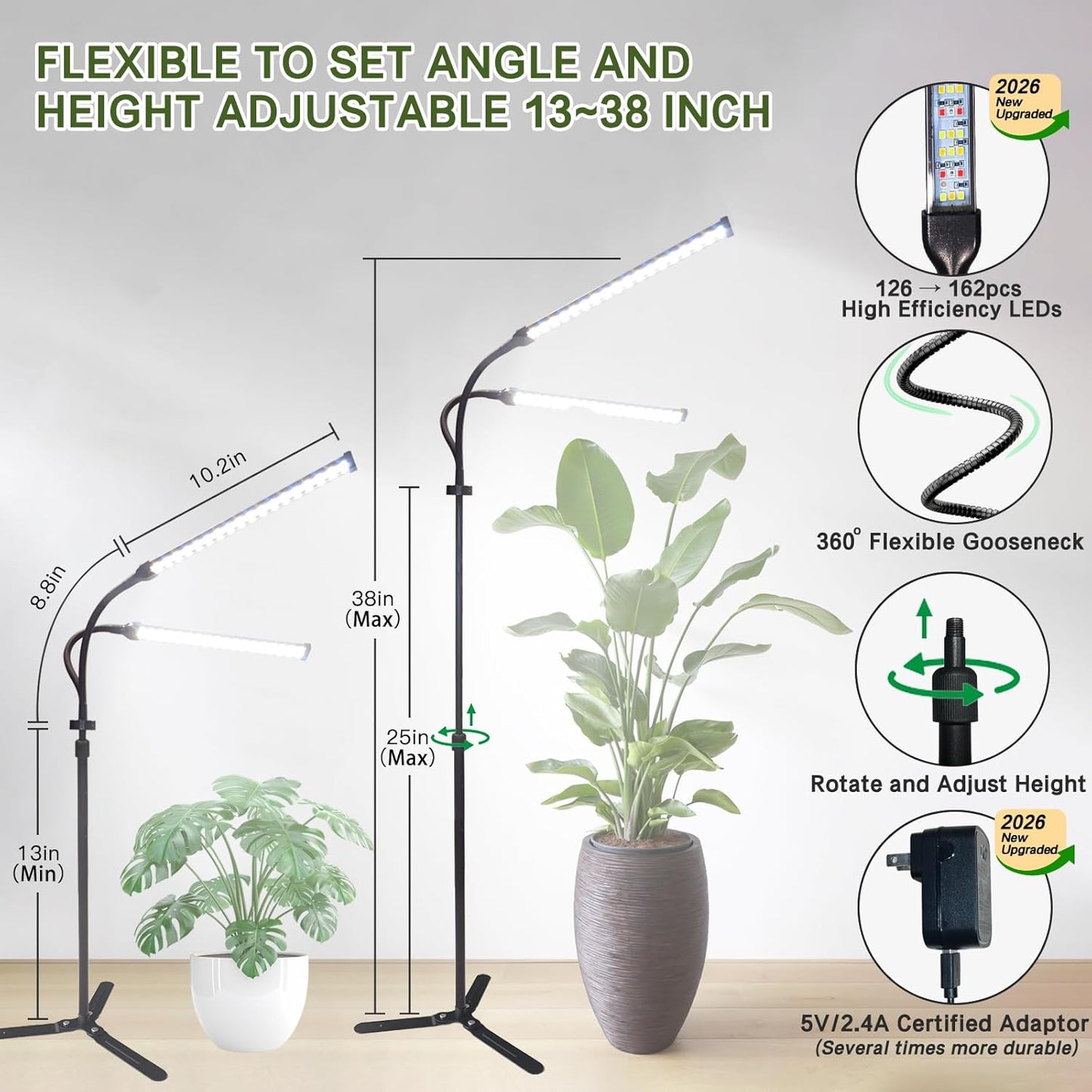 2026 Professional Grow Lights for Indoor Plants Growing, 162 LEDs 6000K Full Spectrum Plant Grow Lights Indoor, Height Adjustable (13-38''), 3 Spectrum Modes + 10 Dimming with 4/8/12/18H Timer