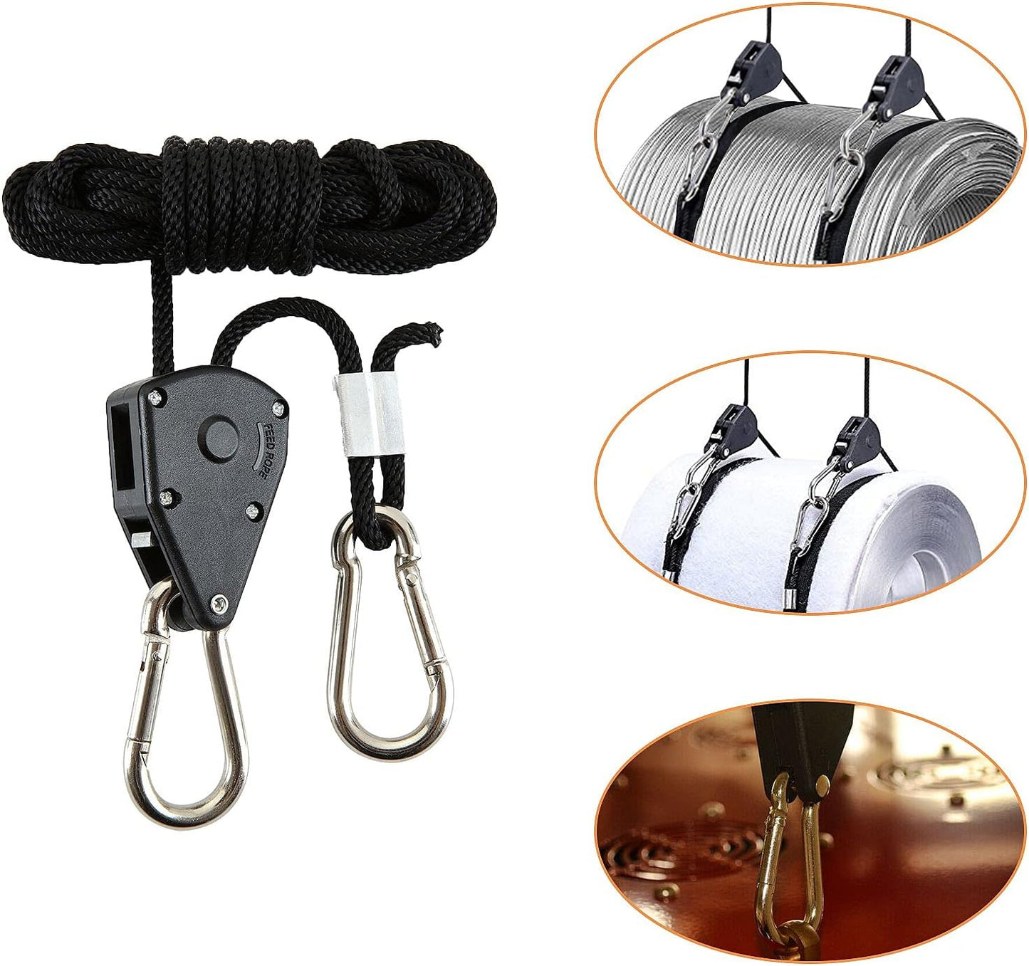 12 Pack Rope Clip Hanger 1/8 Inch 8 FT Adjustable Lifting Pulley Lanyard Hanger with M5 Iron Galvanized Carabiner, Reinforced Metal Internal Gears Ratchets 150lbs Capacity, Black