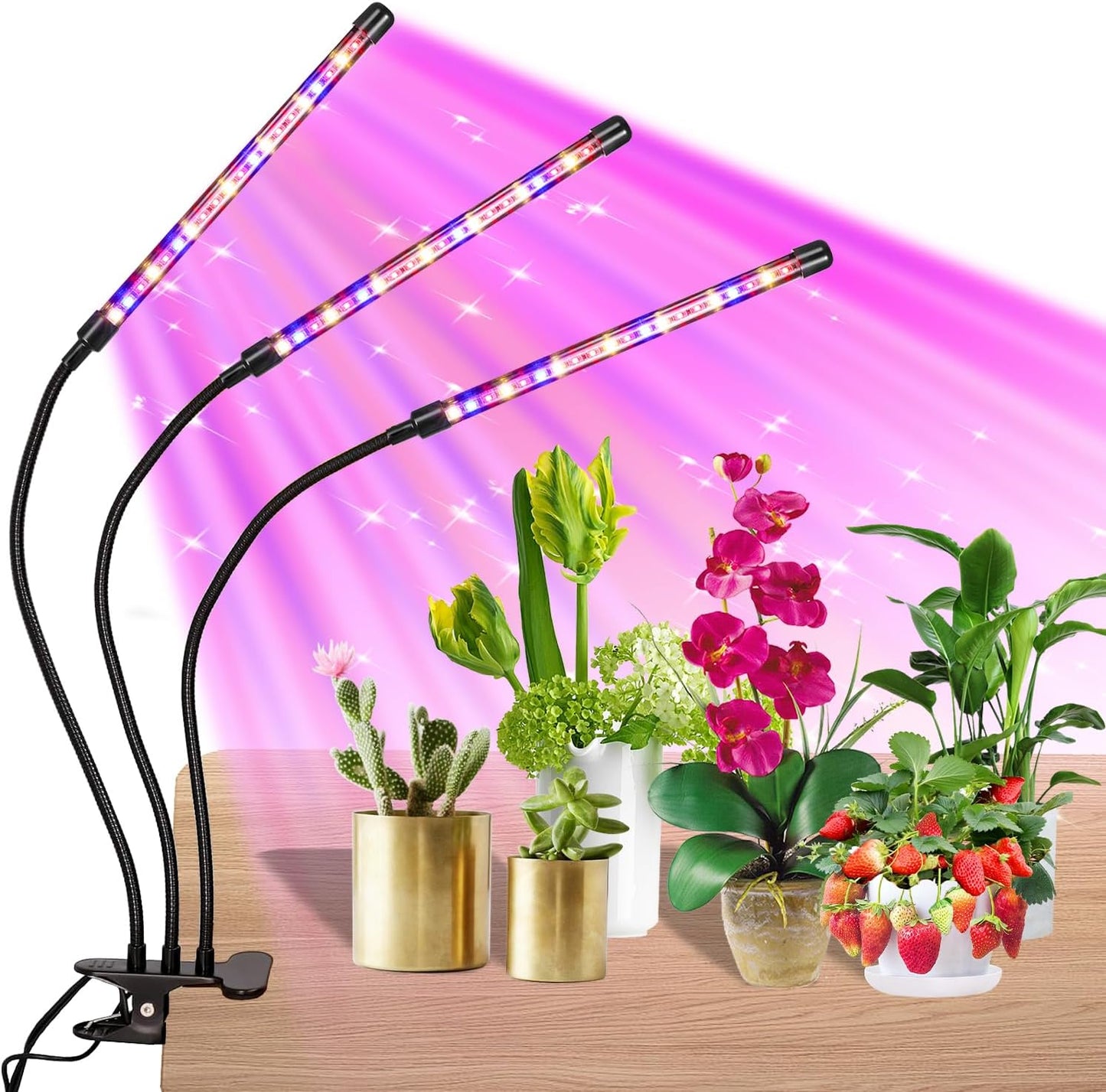 Black 3-Tube Clip-On Grow Light with Red/Blue/Yellow LEDs, Full Spectrum, 6/12/16H Timer, 3 Modes & 10 Dimmable Levels, for Indoor Plants & Seed Starting (1 Pack)