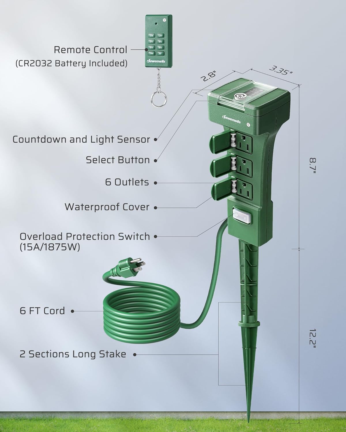 DEWENWILS Outdoor Power Stake Timer Waterproof, 100FT Range Remote Control Outlet Timer, 6 Grounded Outlets 6FT Cord, Photocell Dusk to Dawn, for Lights, Garden, 1875W/15A UL Listed