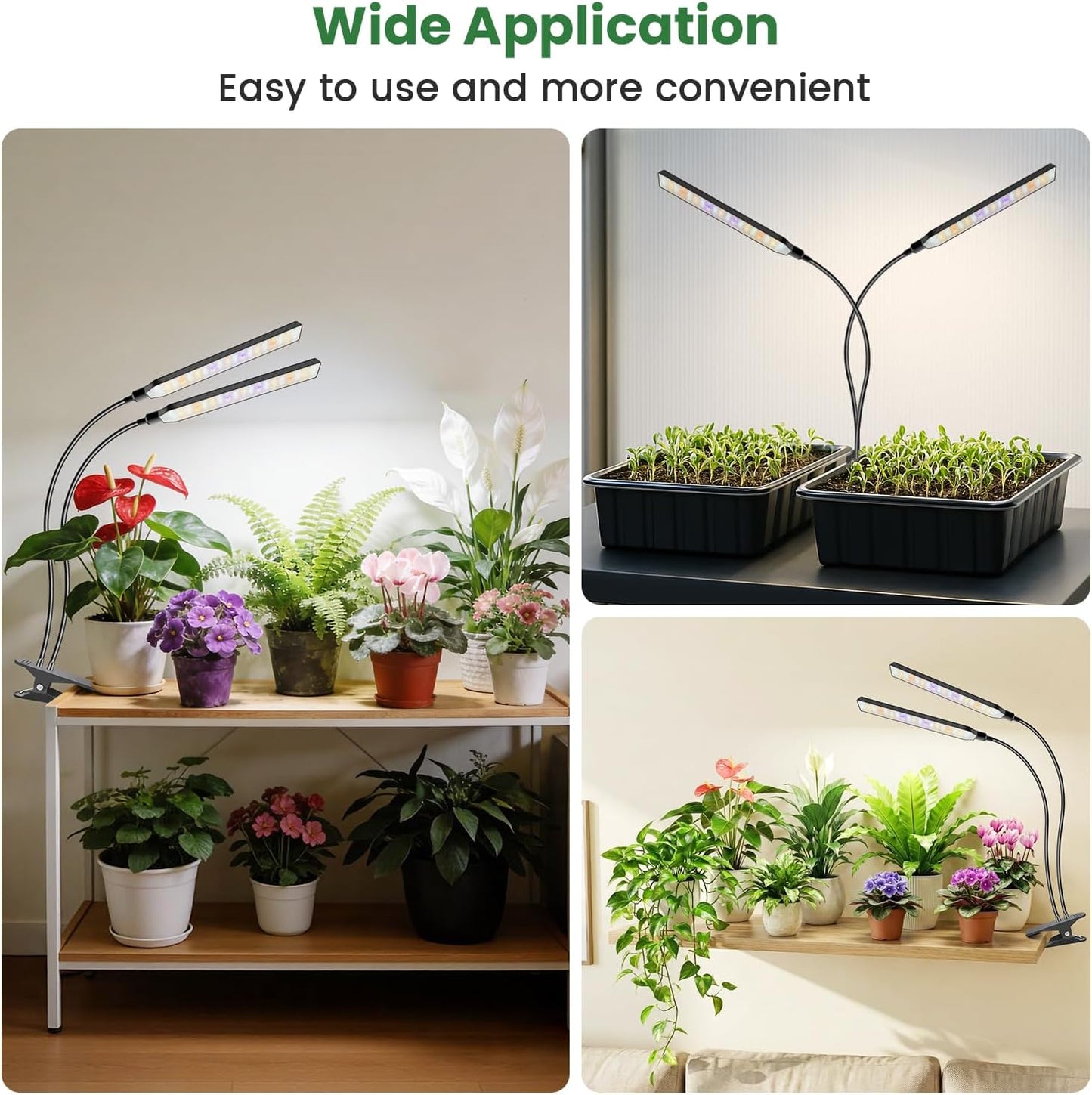 Kullinss Black Grow Light, 2-Head Plant Lights for Indoor Growing with 6/12/16H Timer, 3 Color Modes, 5 Dimmable Levels, 114 LEDs Full Spectrum Clamp Grow Lamp for Indoor Plants, Herbs, Seedlings