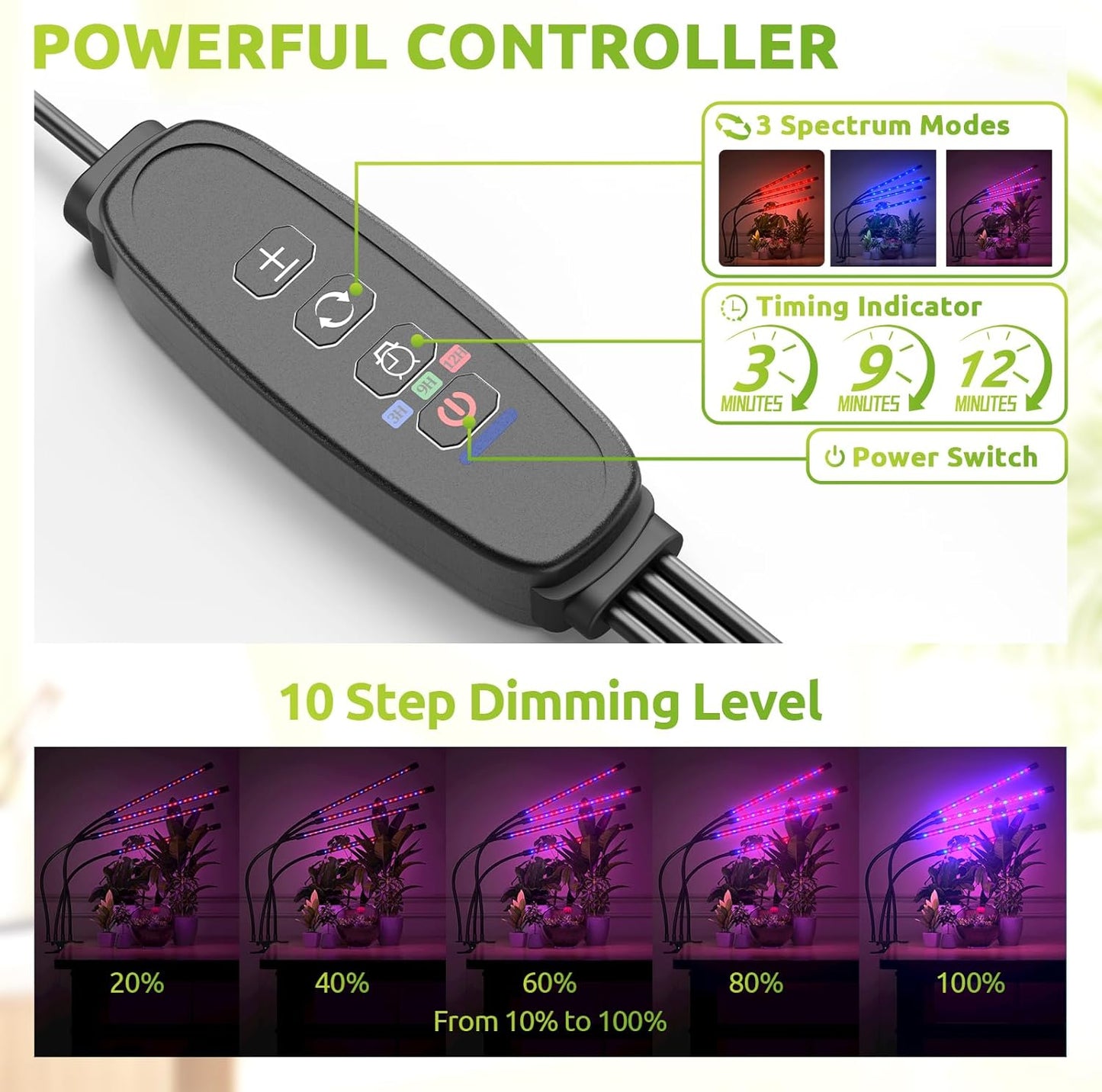 bseah Grow Light Plant Lights for Indoor Plants, Clip on with 3/9/12 H Timer, Full Spectrum Growing Lamp for Seed Starting (with AC Adapter)