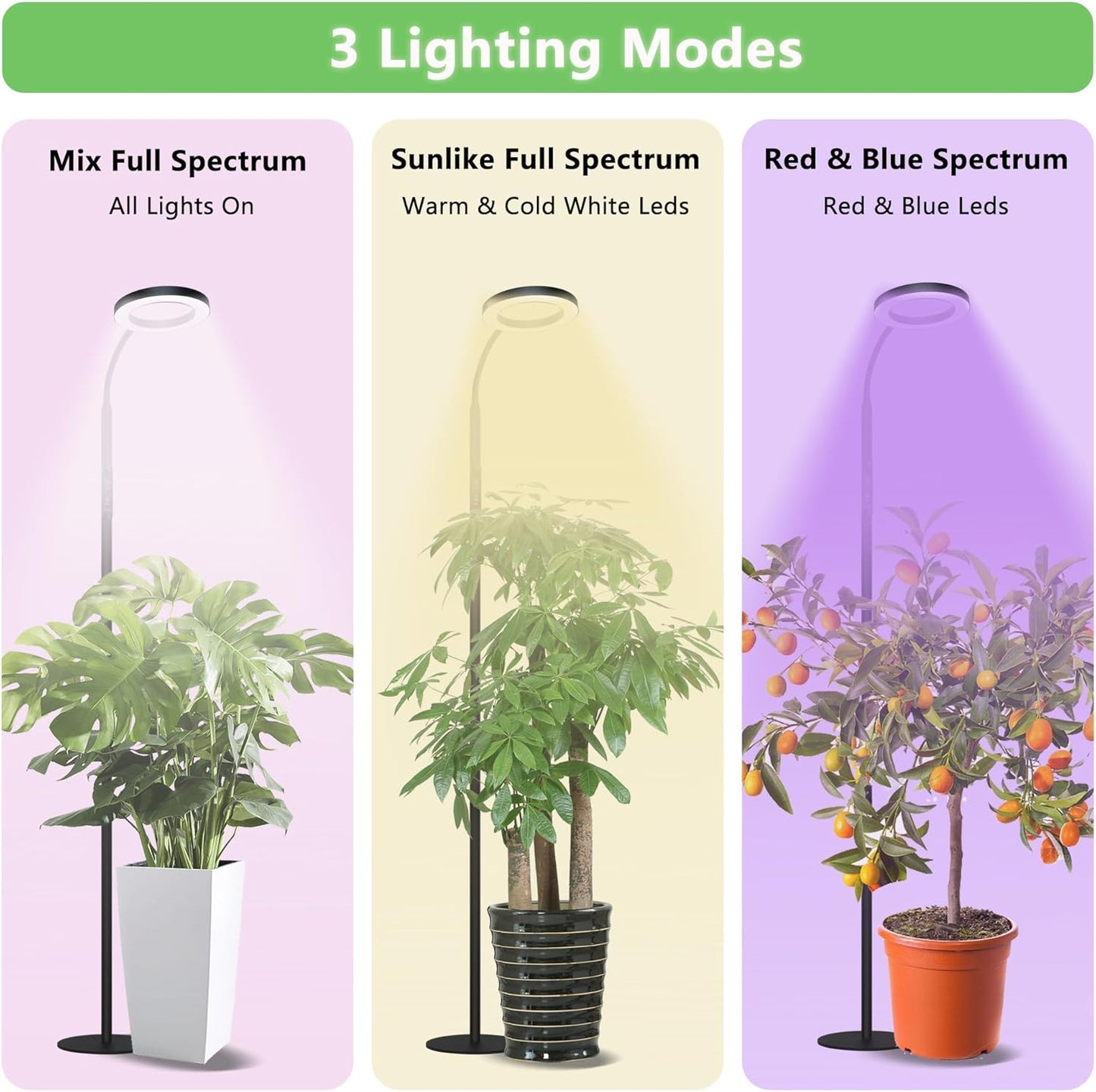 Grow Light for Indoor Plants, Full Spectrum LED Tall Plant Lights with Timer, 3 Color Modes Standing Floor Growing Lamp, 65" Height Adjustable, 10 Dimmable Levels for Large Plants