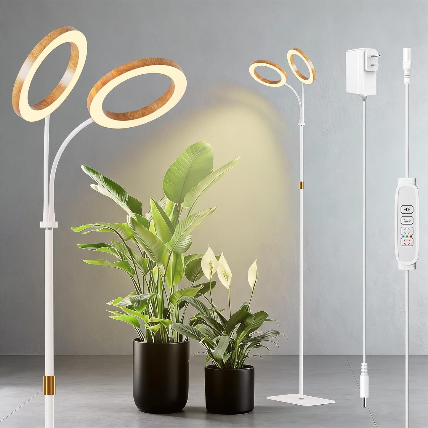 Dual Head Grow Light for Indoor Plants Full Spectrum-Floor Standing Plant Lamp with Auto Timer 6/12/18H, 5-Level Dimmable & Adjustable Height 16.5-68in for Large Tall Plants | Faux Wood Design