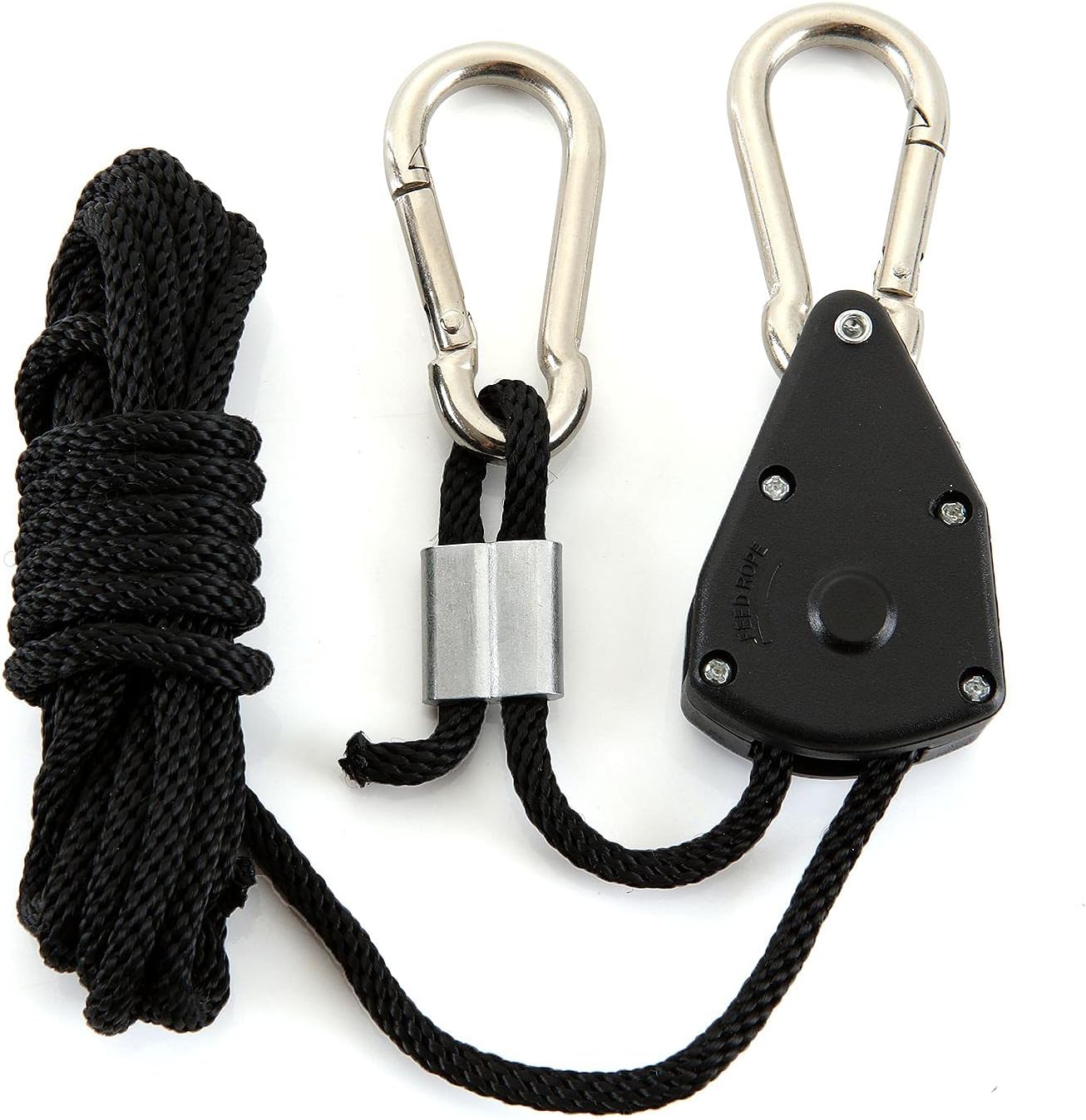 12 Pack Rope Clip Hanger 1/8 Inch 8 FT Adjustable Lifting Pulley Lanyard Hanger with M5 Iron Galvanized Carabiner, Reinforced Metal Internal Gears Ratchets 150lbs Capacity, Black