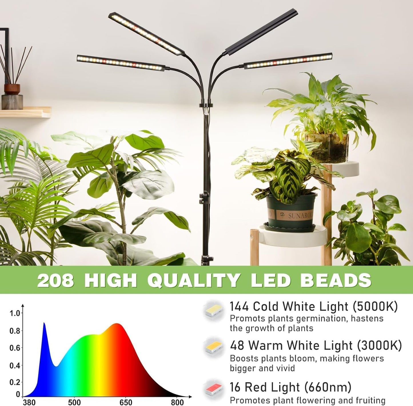 FOXGARDEN Grow Lights for Indoor Plants Full Spectrum with Tripod Stand, Tall Grow Lights for Indoor Growing with Flexible Gooseneck, Four-Head Plant Light with 4/8/12H Timer & 4 Brightness Levels