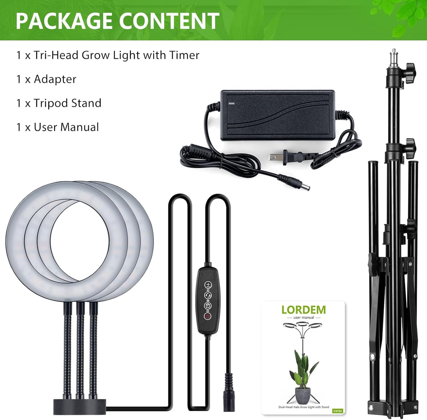 LORDEM Grow Light for Indoor Plants, 7.9" Diameter Tri-Head Plant Light for Plants Growing, Full Spectrum Growth Lamp with Auto Timer 3/6/12H, 4 Dimmable Levels, 3 Lighting Modes, Adjustable Stand