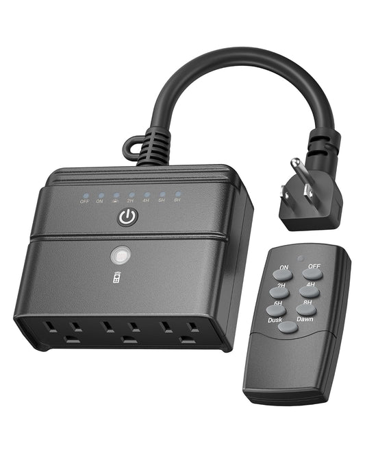 BN-LINK Outdoor Light Timer, Waterproof Plug-in Dusk-to-Dawn Controller with 3 Grounded Outlets for Christmas & Halloween String Lights, 15A 1/2HP, ETL Listed, 100 ft RF Range, Remote Included