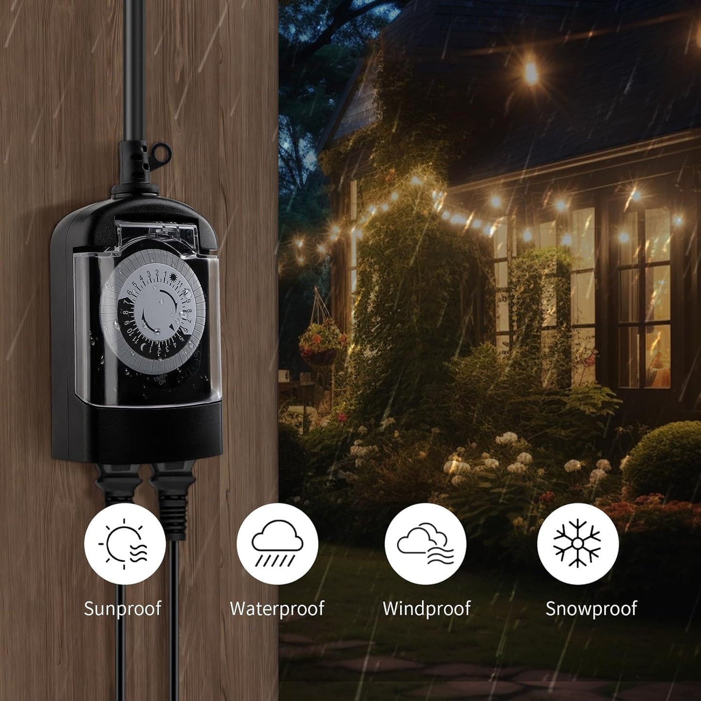 Outdoor Timer Outlet Waterproof, 24 Hour Mechanical Timer Outlet for Home and Garden, 2 Grounded, 15A 3/4HP, Black, 2 Pack